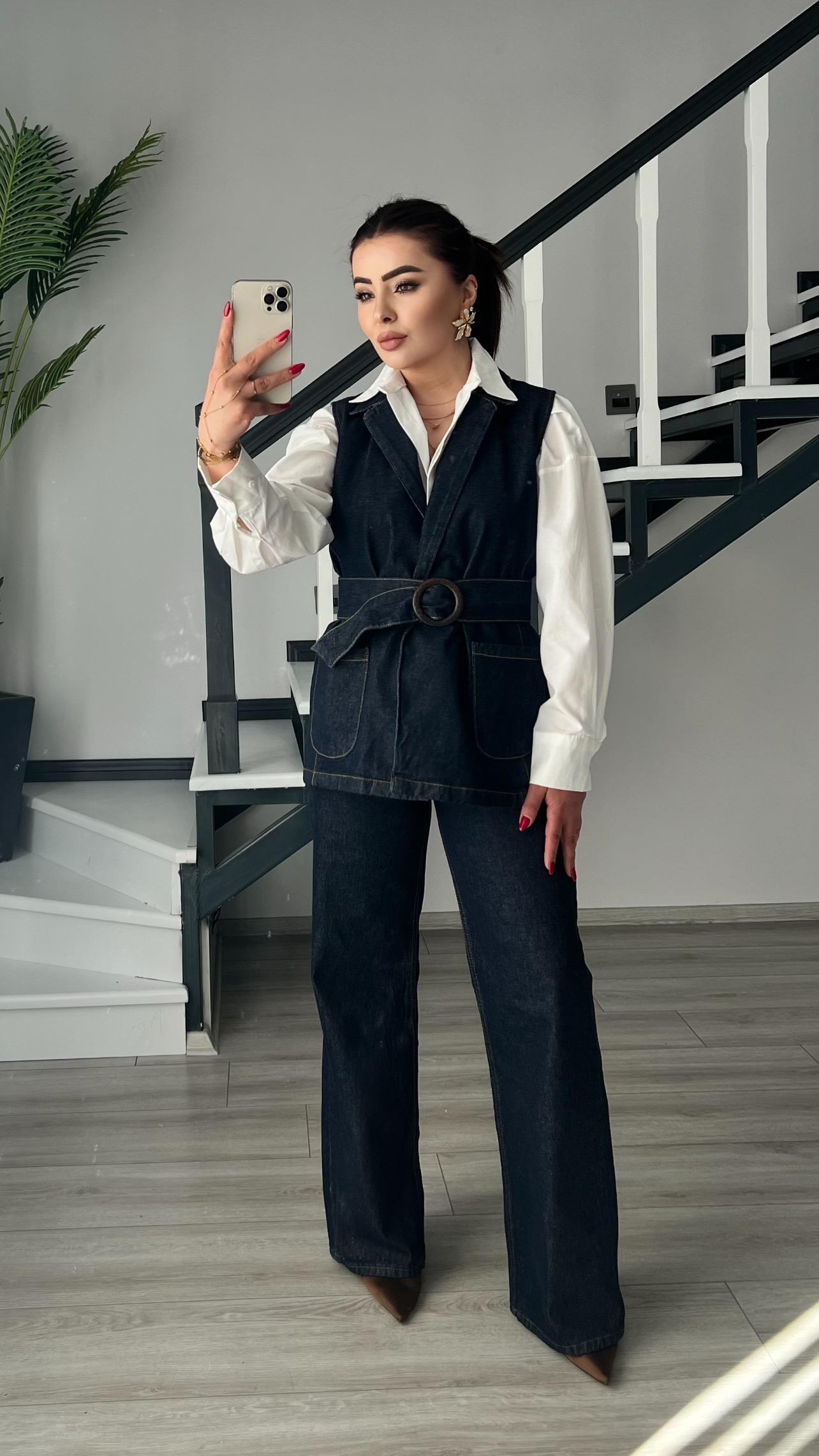Lacivert Denim Kalın Toka Kemerli Yelek