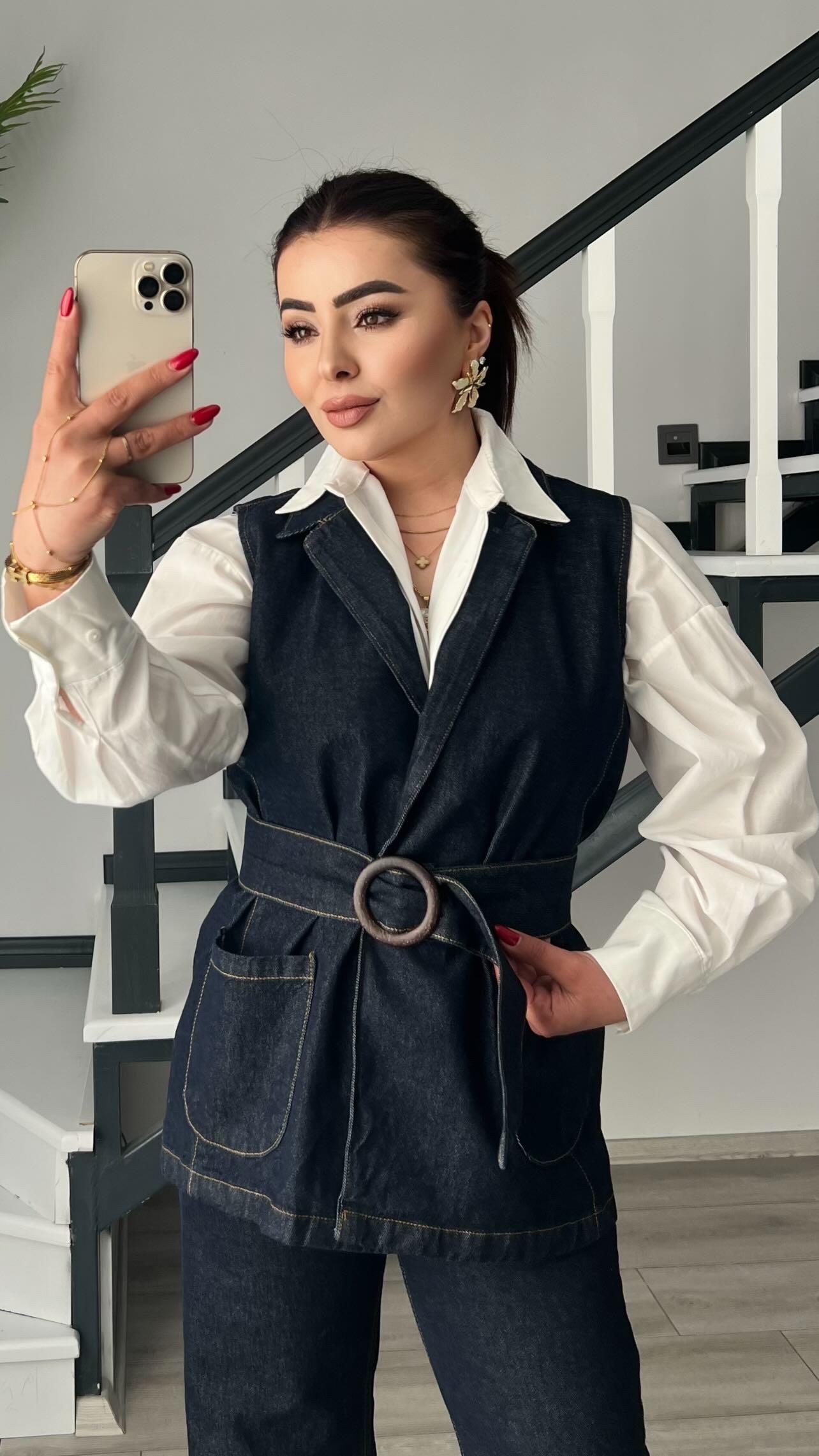 Lacivert Denim Kalın Toka Kemerli Yelek