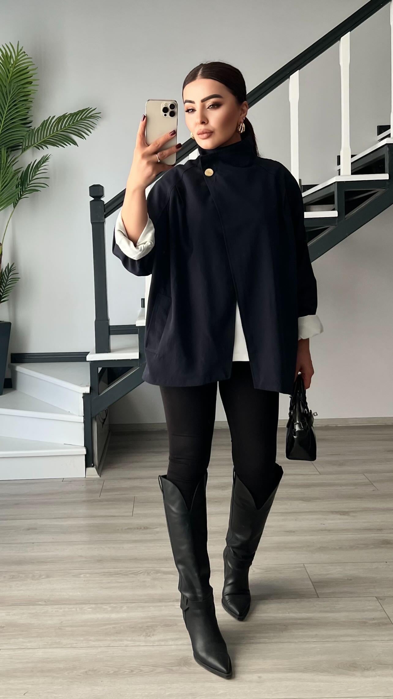 Lacivert Dik Yaka Oversize Trençkot