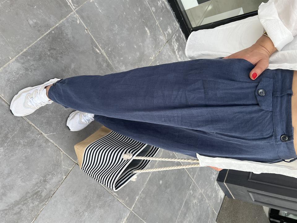 Navy Blue Raw Linen Button-Down Trousers