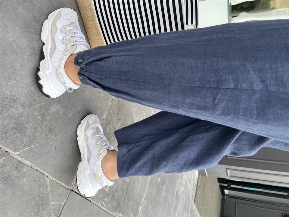 Navy Blue Raw Linen Button-Down Trousers