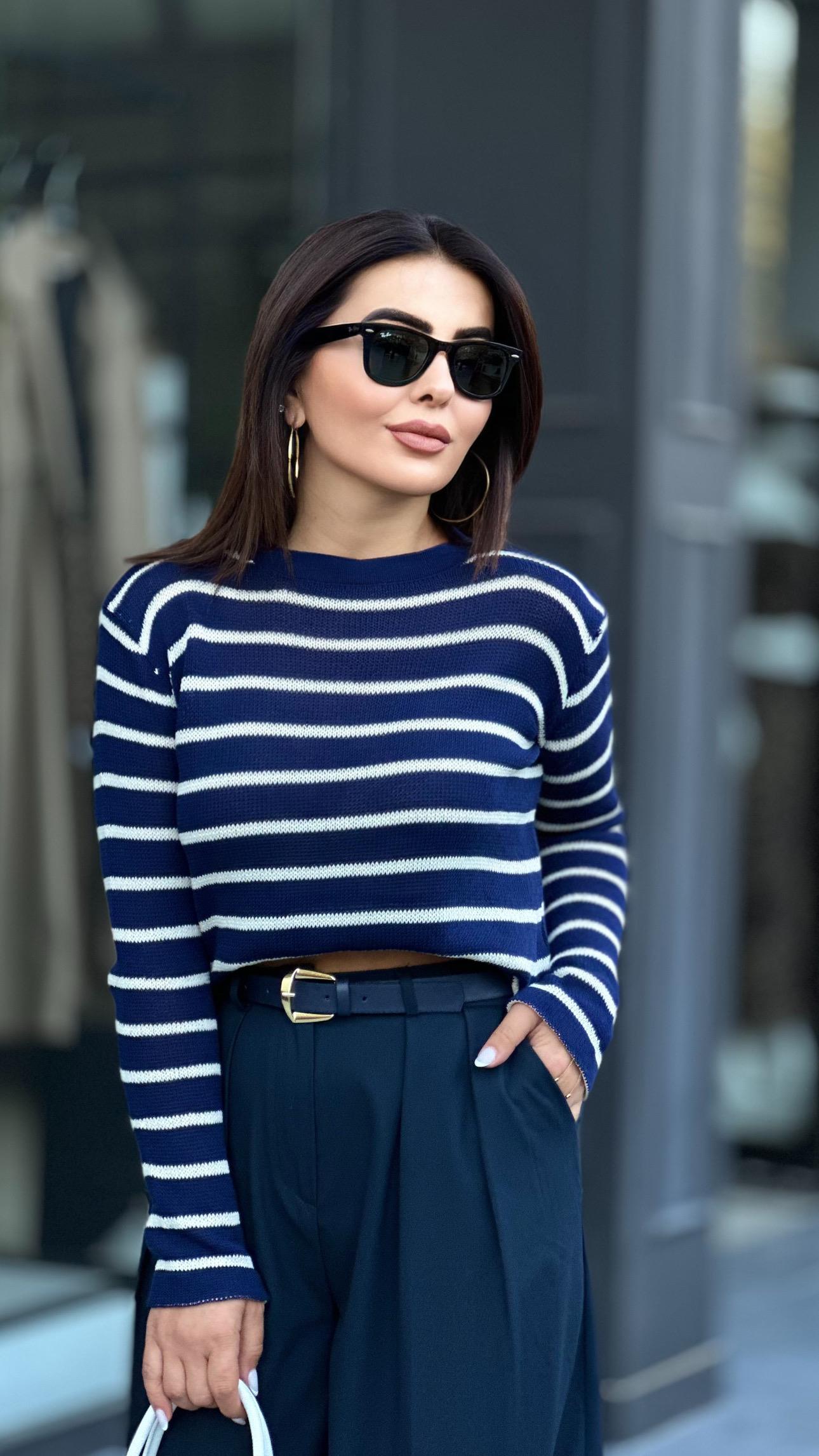 Navy Blue Thin Striped Knit Sweater
