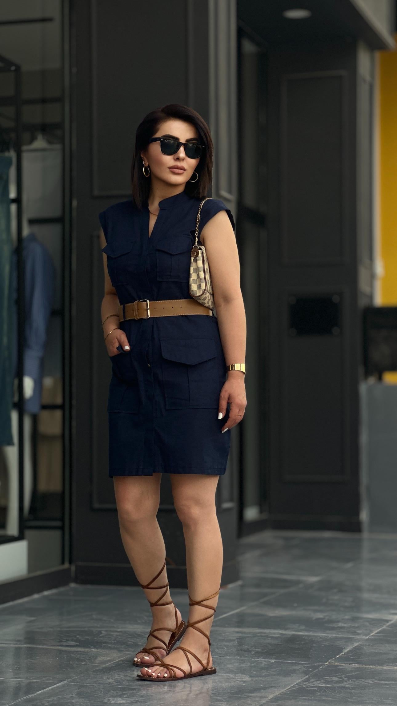 Navy Blue Linen Dress with Belt Detail