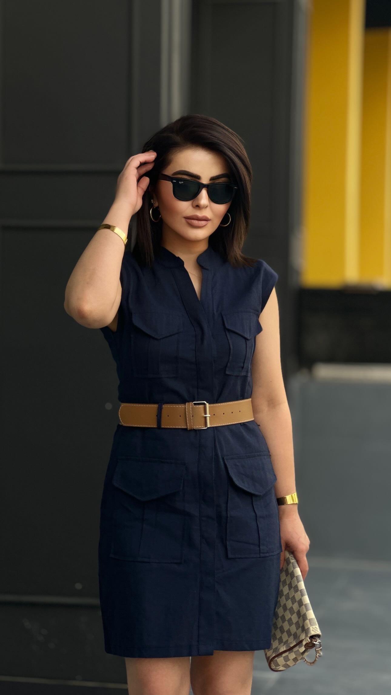 Navy Blue Linen Dress with Belt Detail