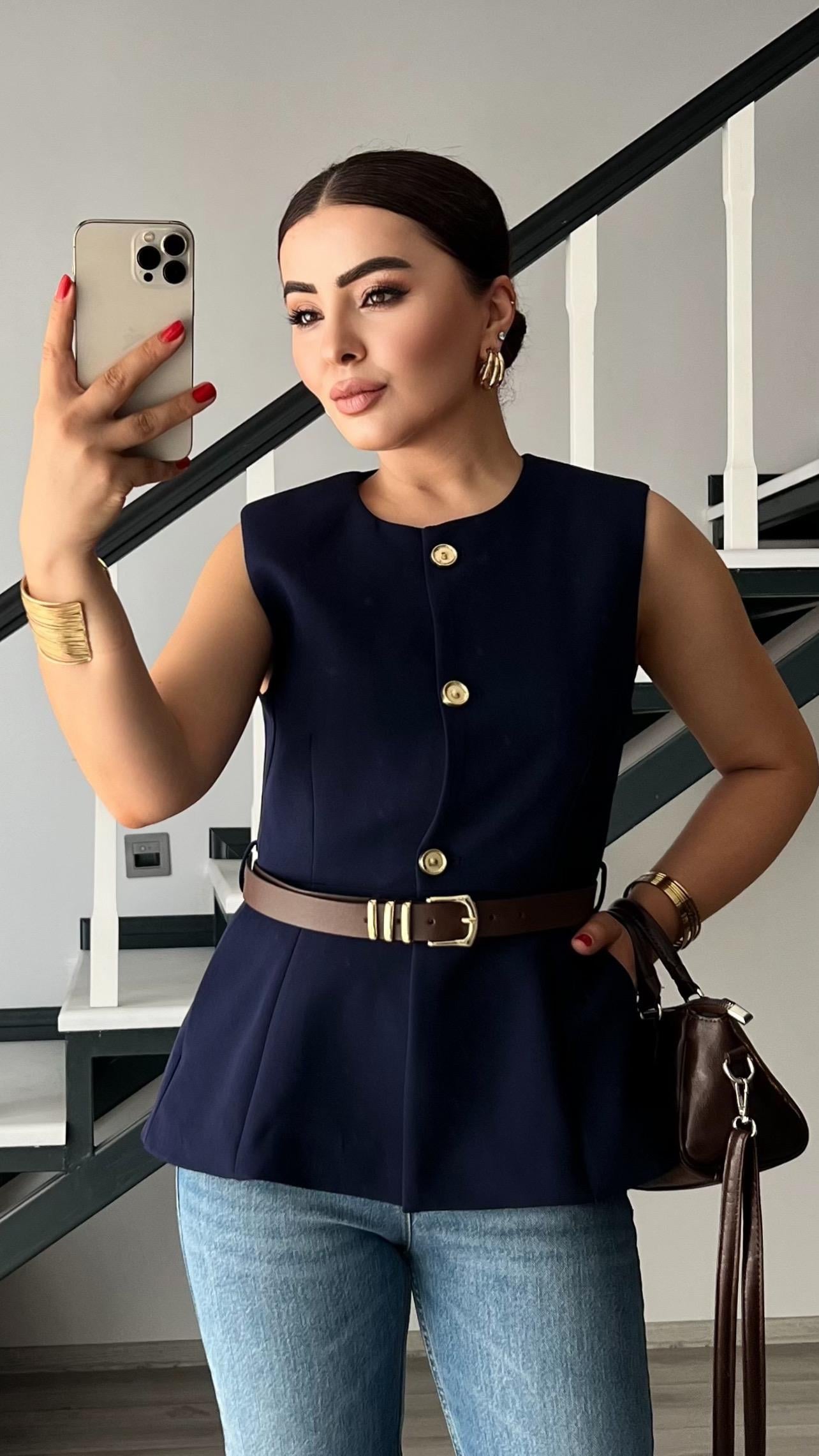 Lacivert Kemerli Gold Düğme Duble Crep Yelek