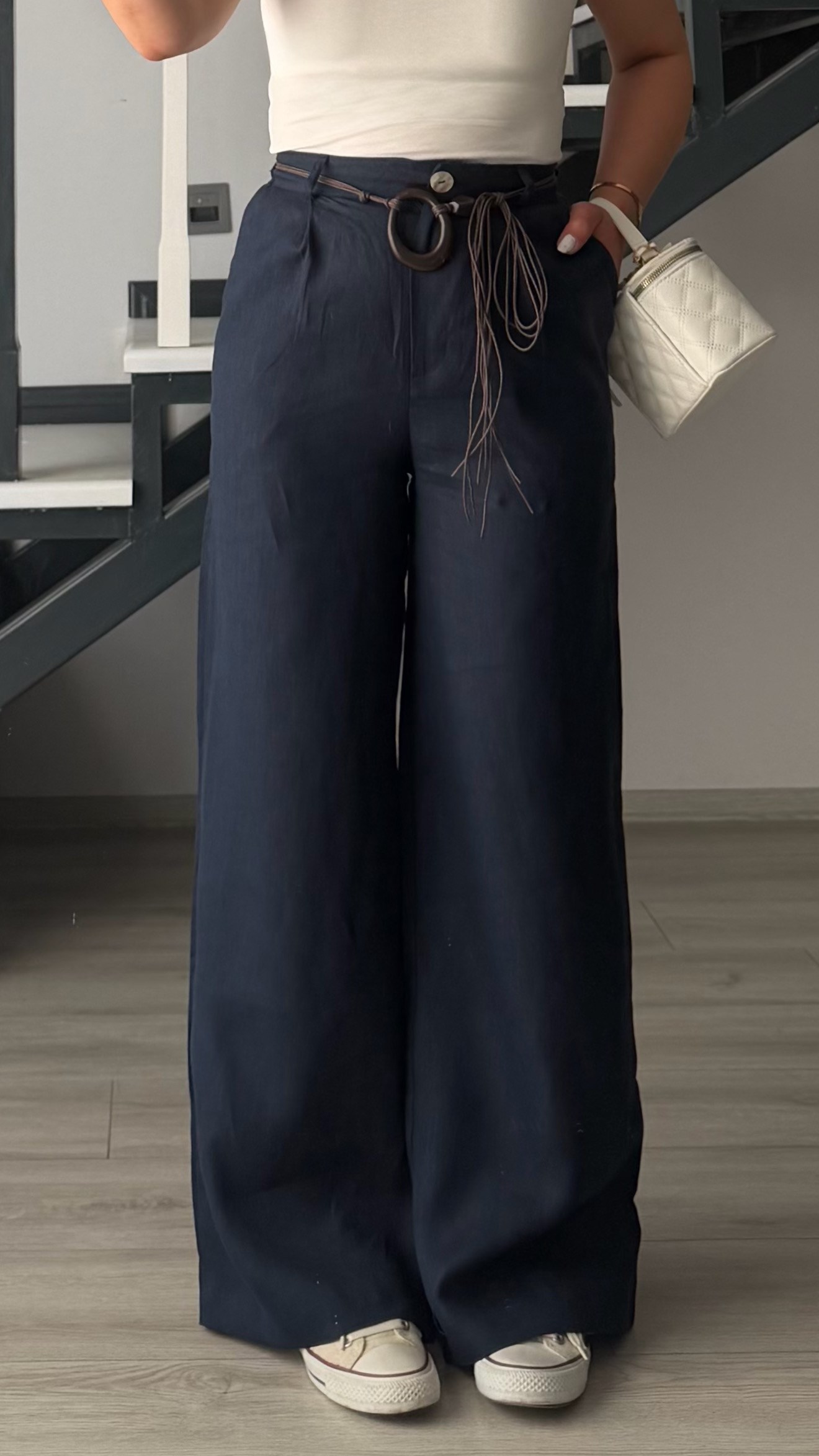 Navy Blue Belted Raw Linen Pants