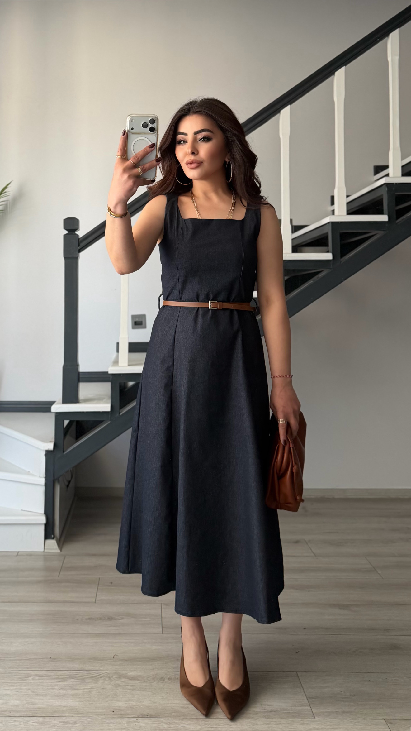 Lacivert Kemerli Kare Yaka Denim Elbise