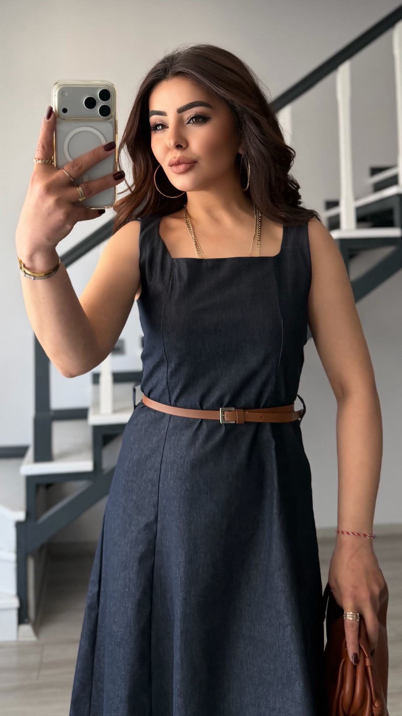 Lacivert Kemerli Kare Yaka Denim Elbise