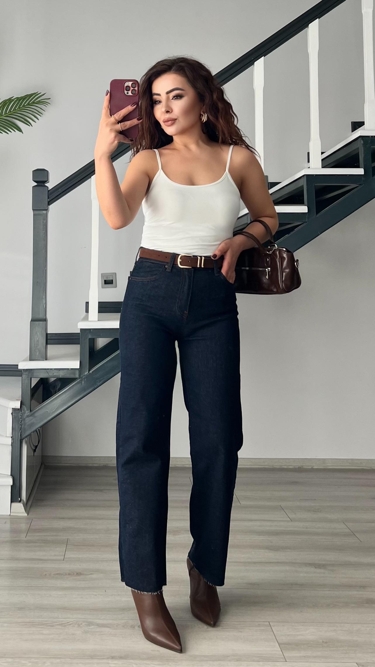 Navy Blue Belted Cropped Leg Premium Jeans