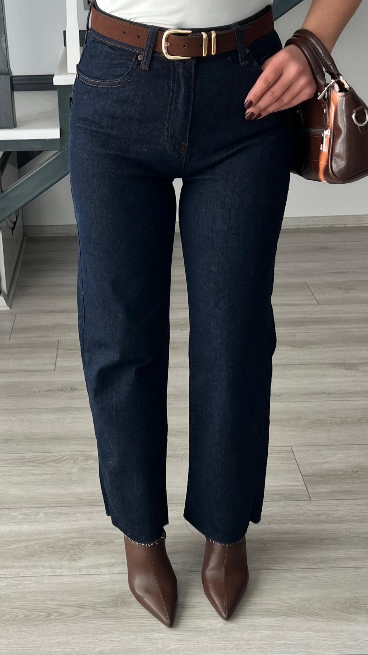Navy Blue Belted Cropped Leg Premium Jeans