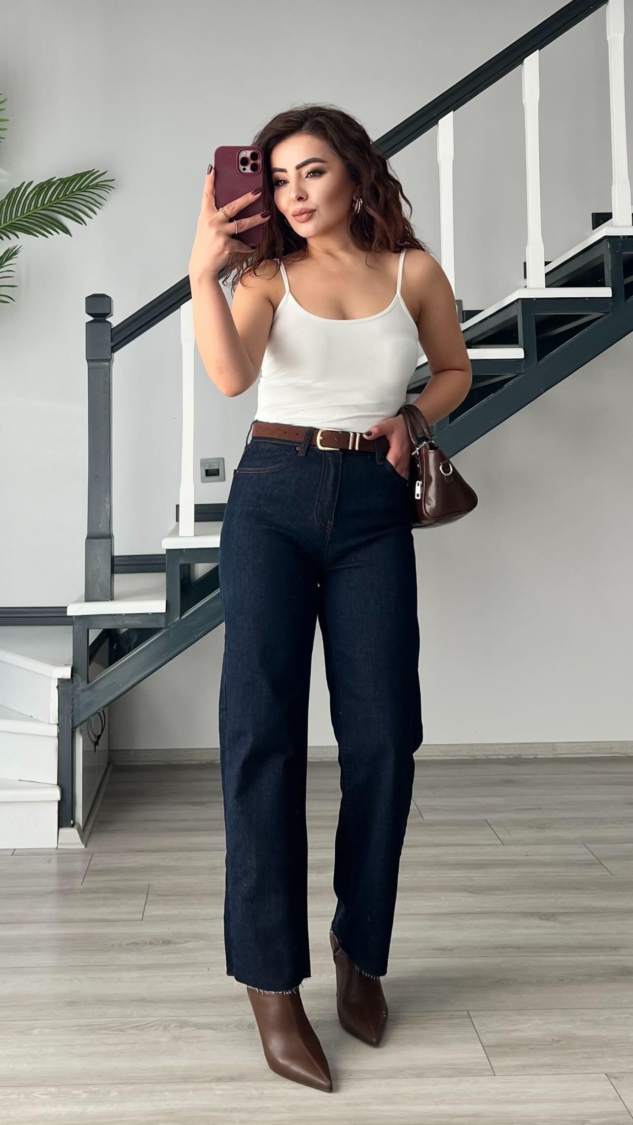 Navy Blue Belted Cropped Leg Premium Jeans
