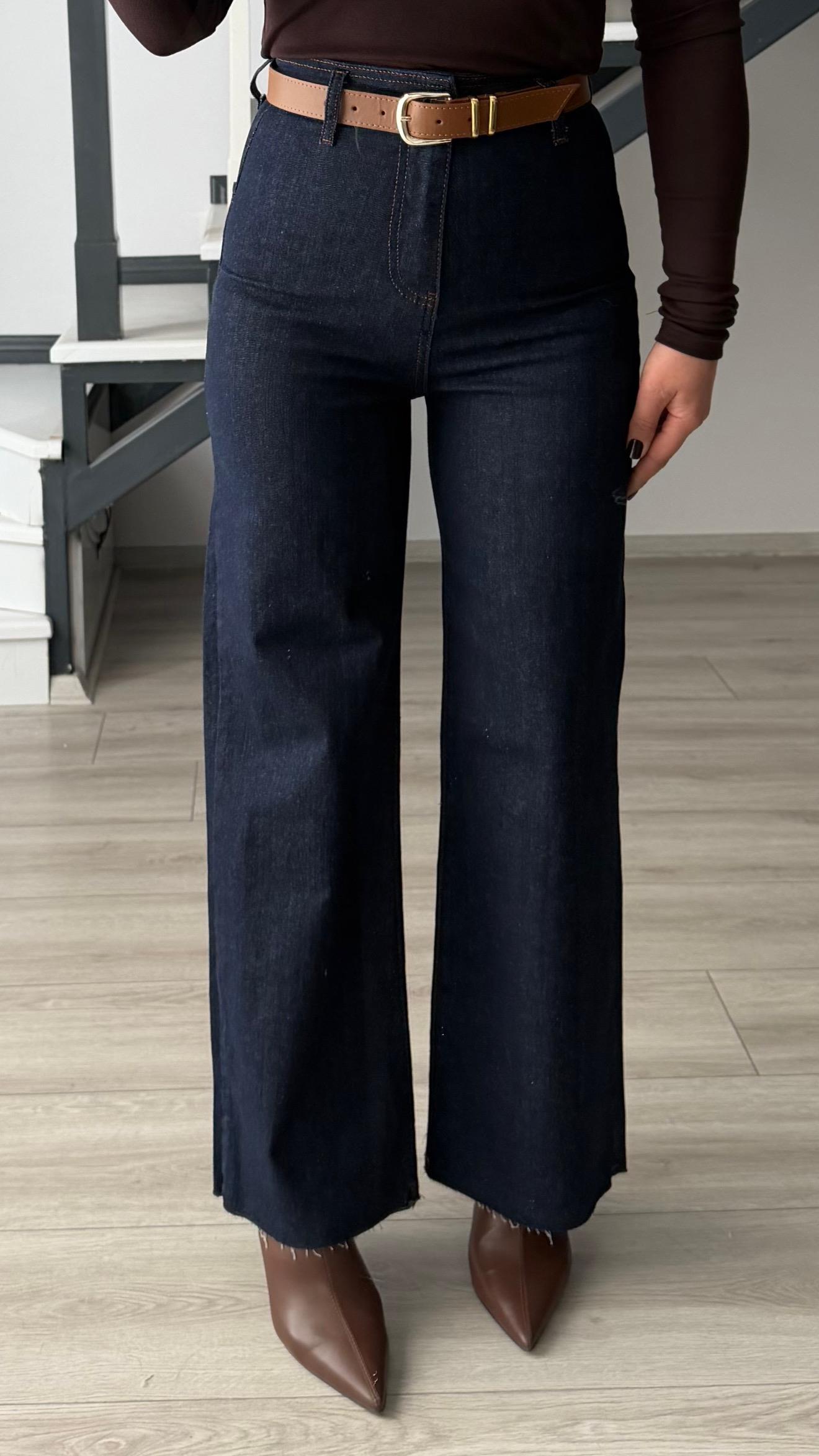 Lacivert Kemerli Likralı Straight Jean