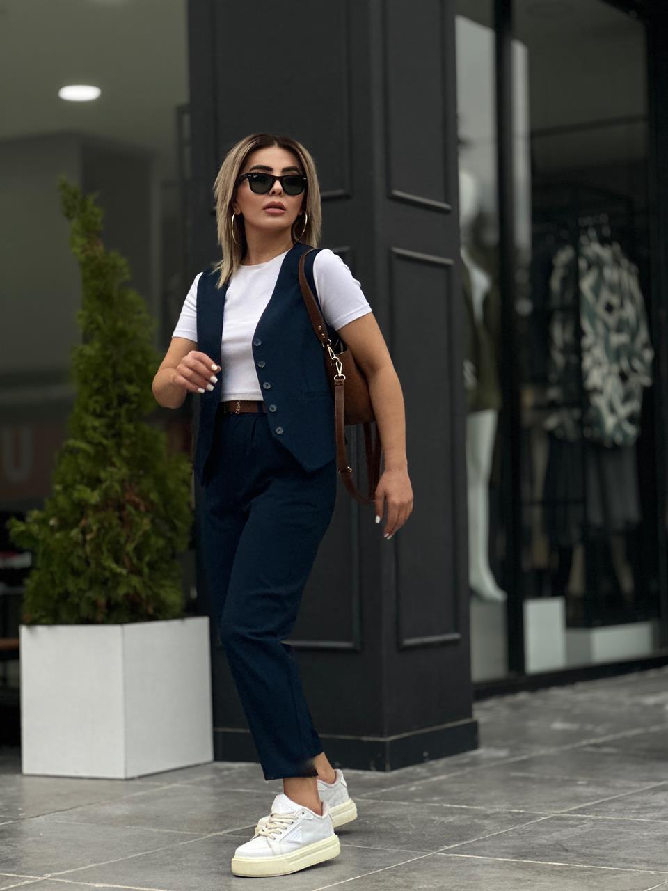 Navy Blue Textured Vest Set