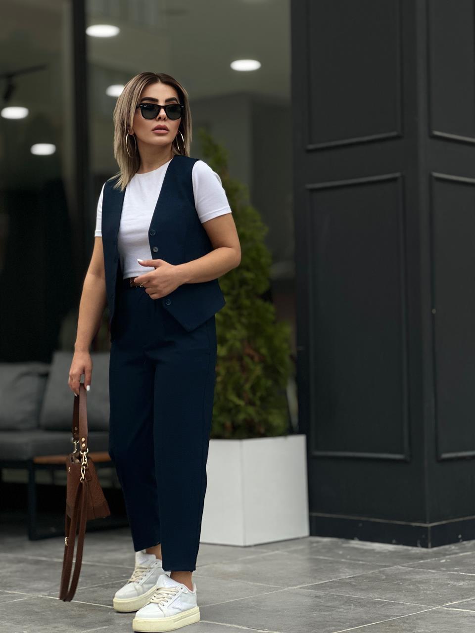 Navy Blue Textured Vest Set