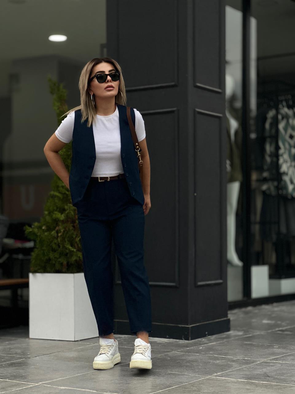 Navy Blue Textured Vest Set