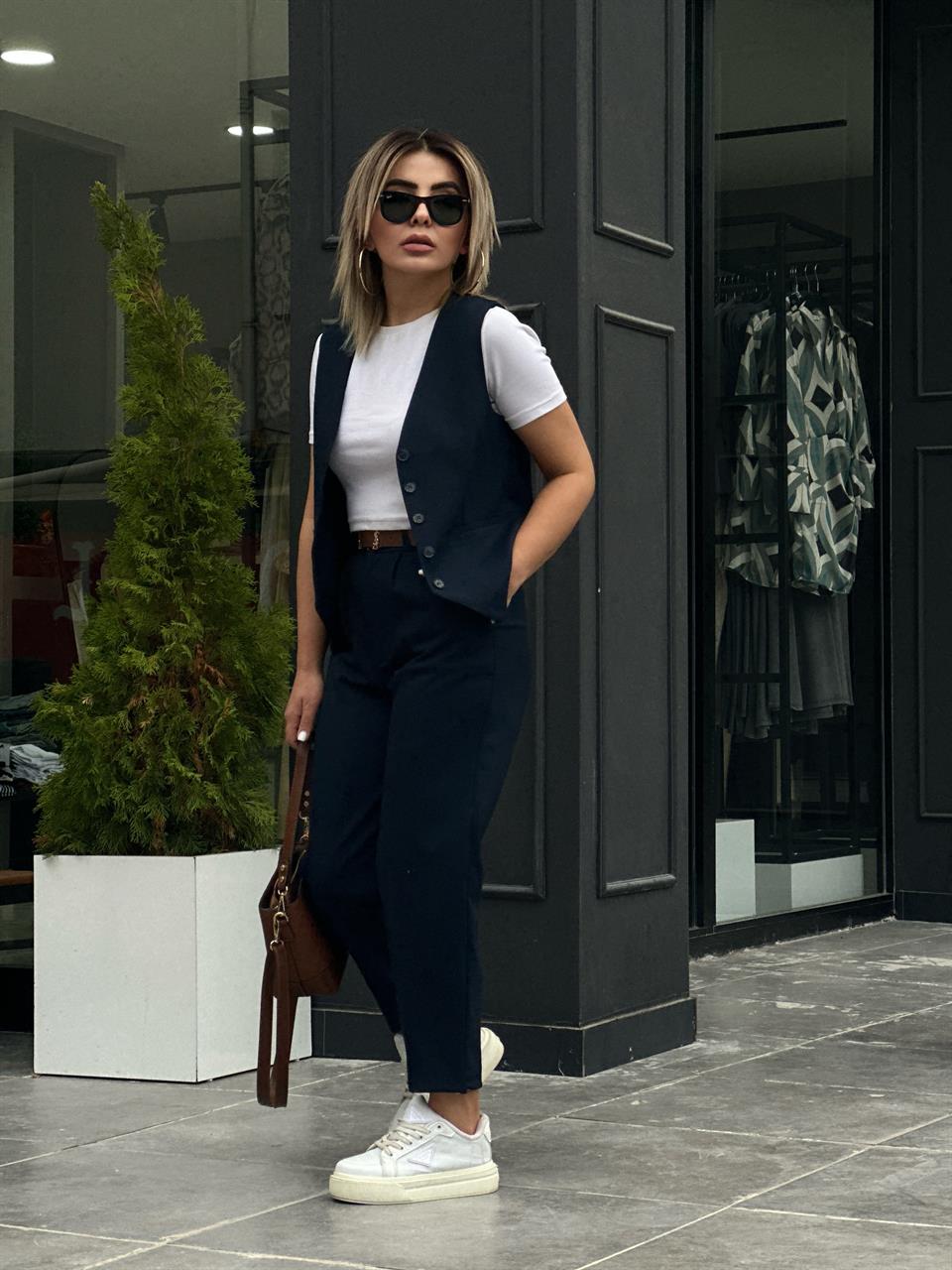 Navy Blue Textured Vest Set