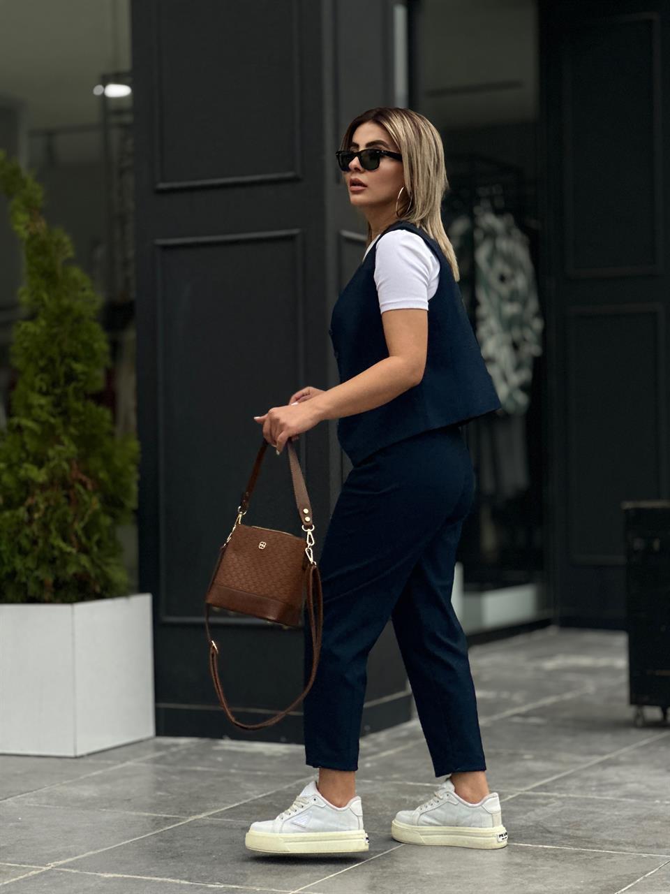 Navy Blue Textured Vest Set