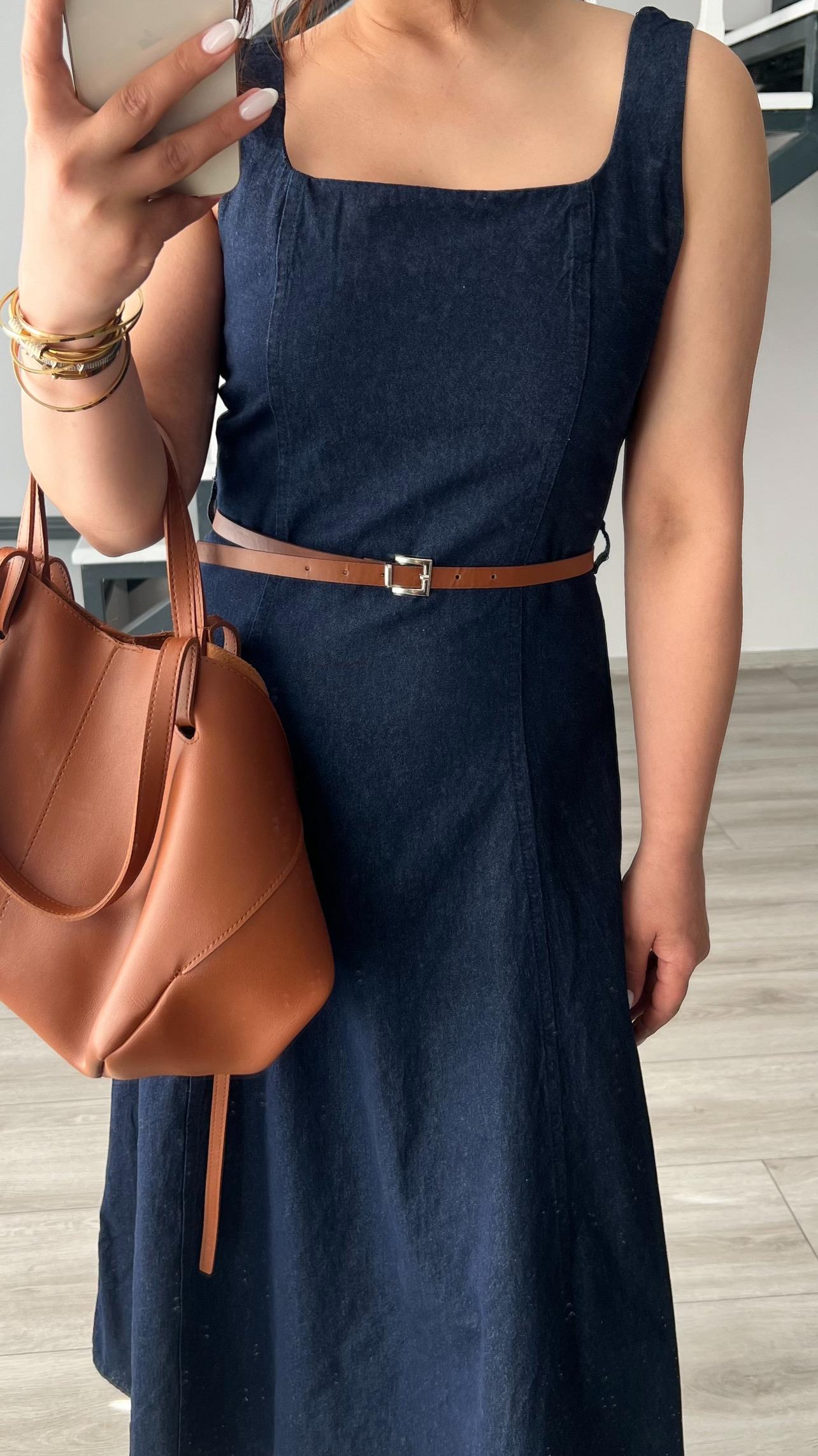 Navy Blue Denim Dress with Self-Belt
