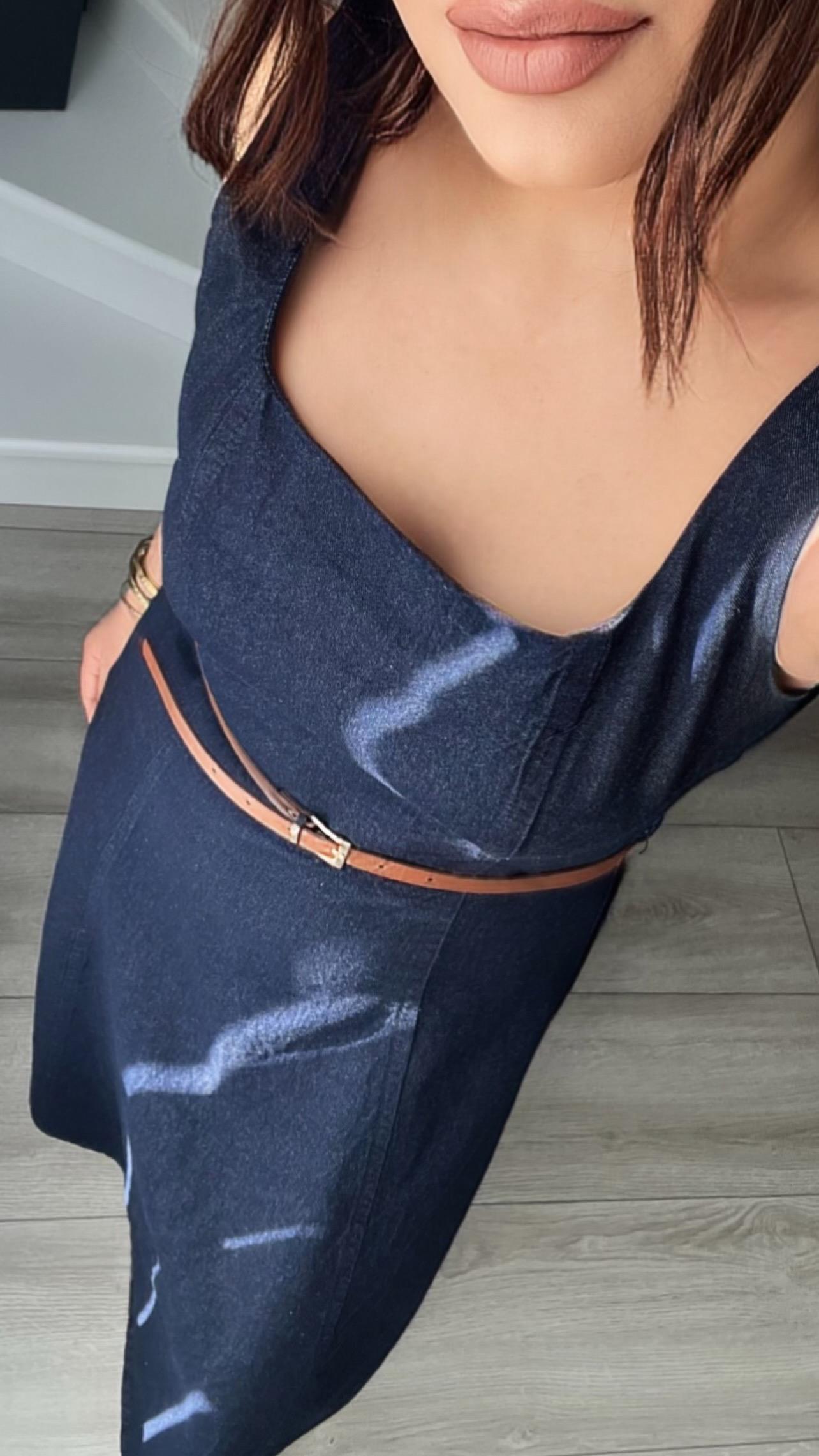 Navy Blue Denim Dress with Self-Belt