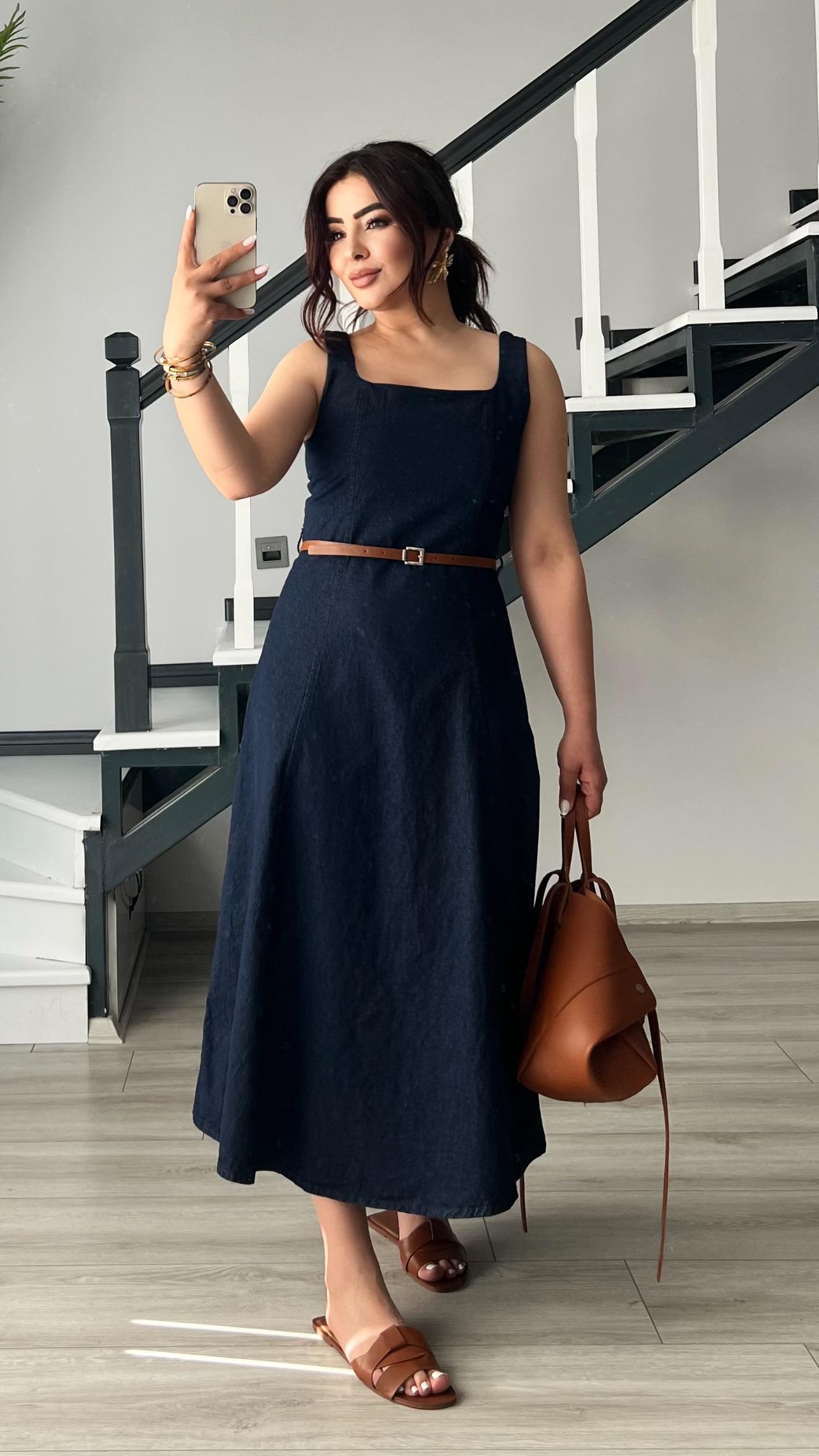 Navy Blue Denim Dress with Self-Belt
