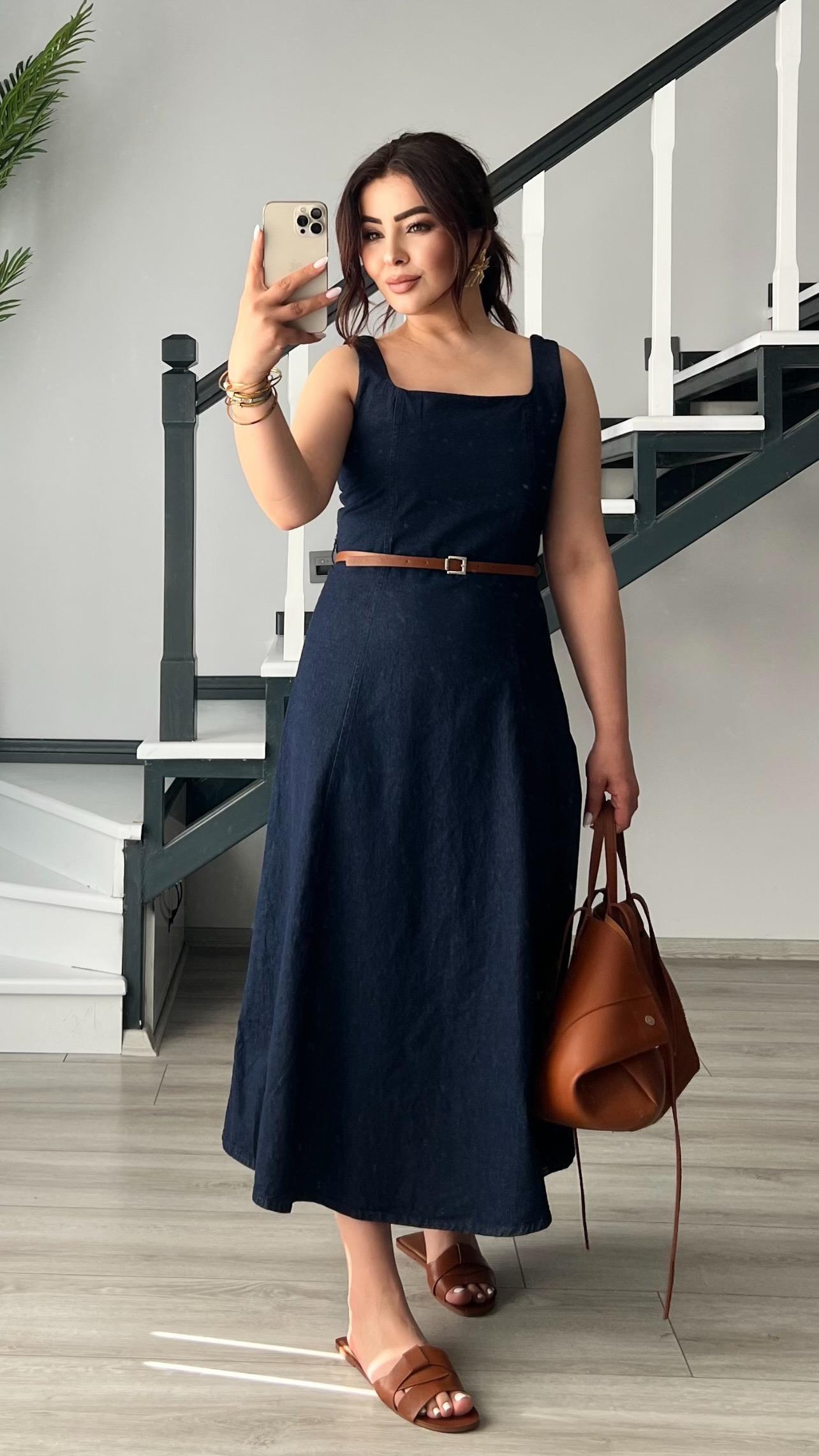 Navy Blue Denim Dress with Self-Belt