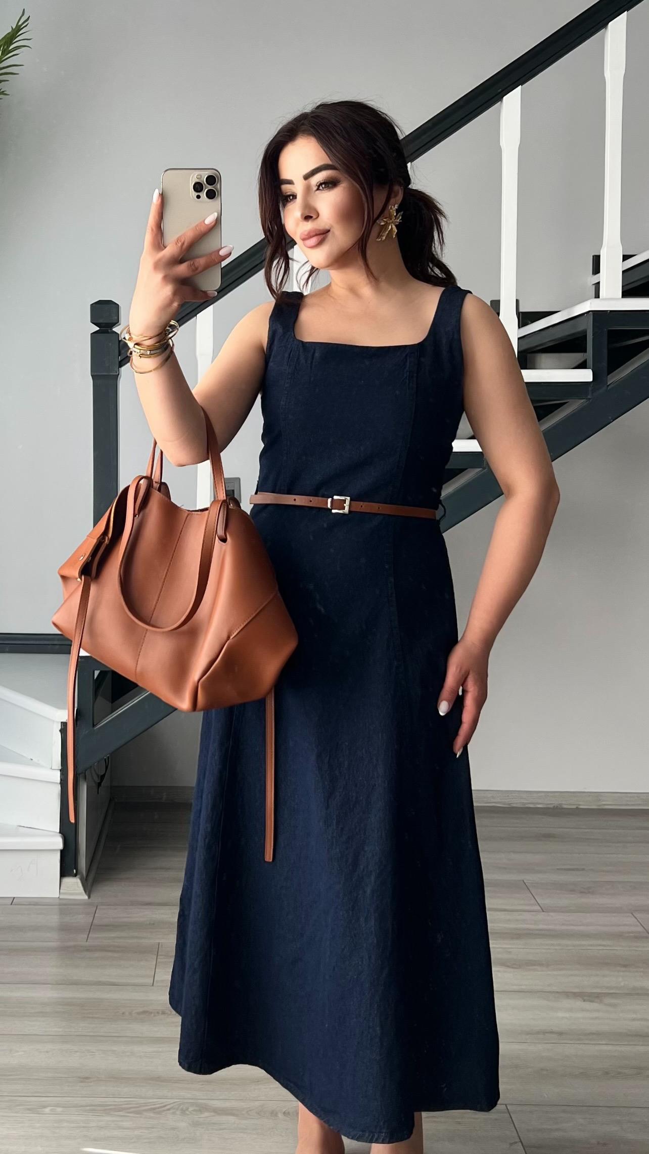 Navy Blue Denim Dress with Self-Belt
