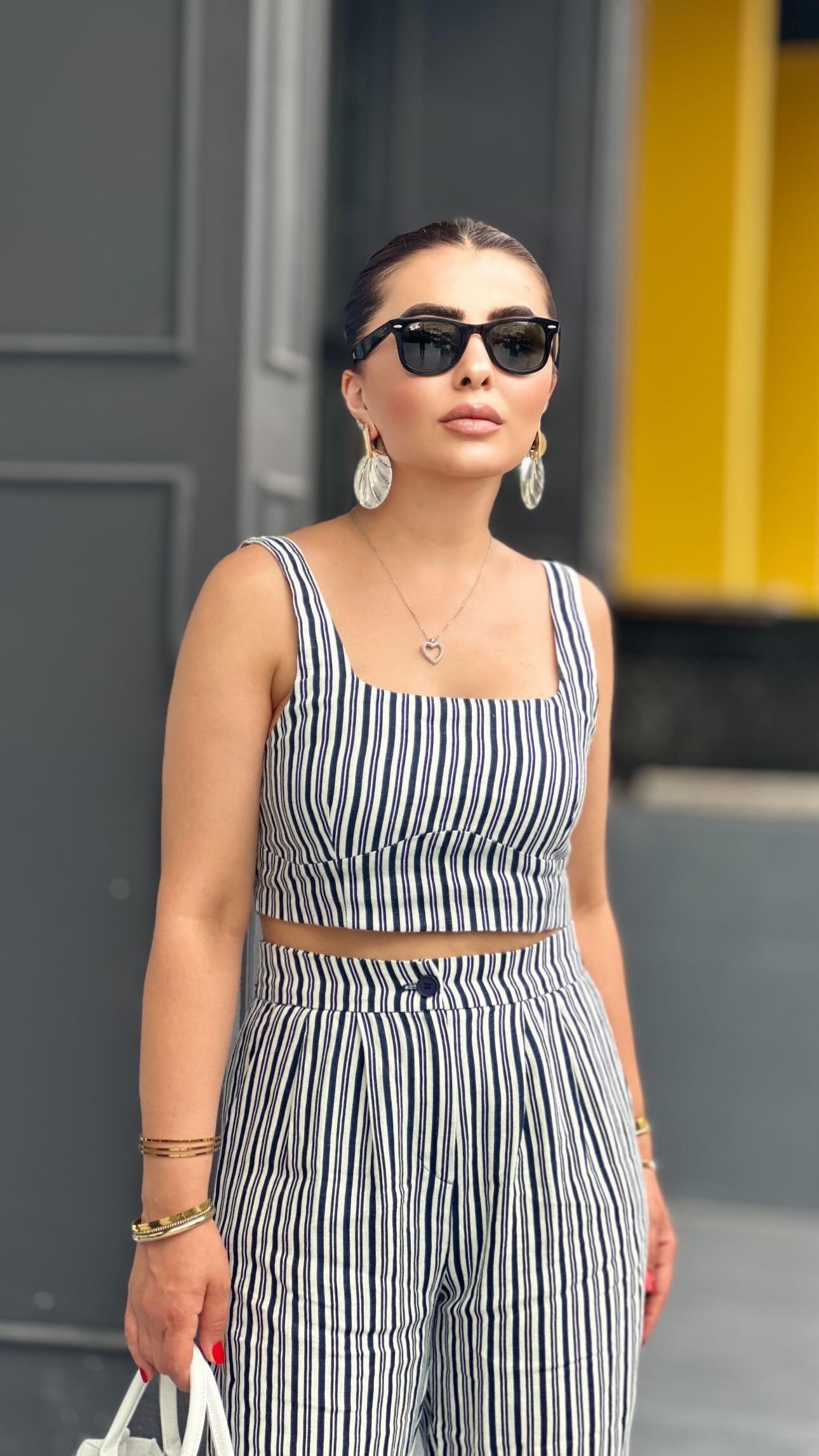 Lacivert Keten Çizgili Crop Pantolon Takım