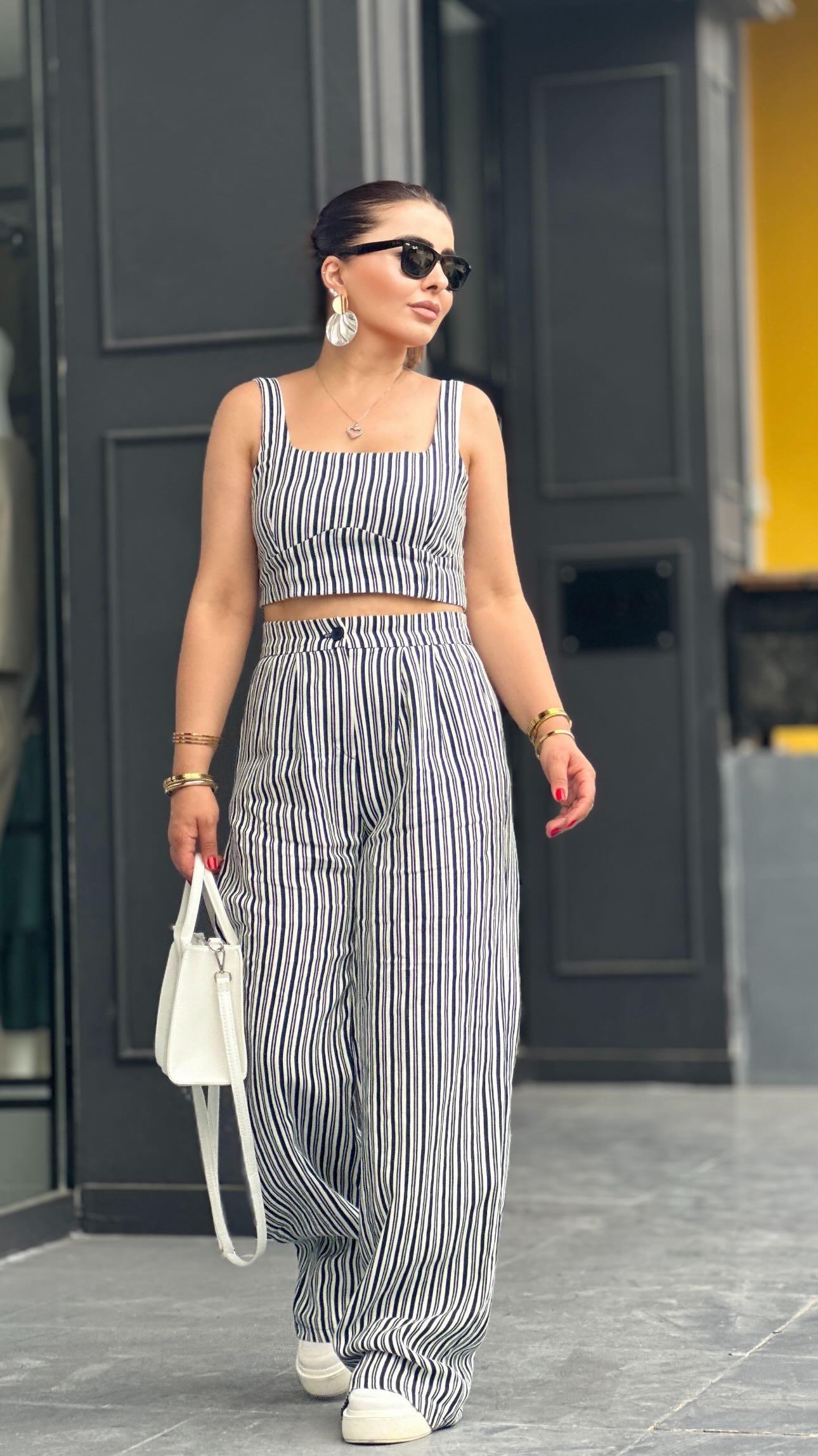 Lacivert Keten Çizgili Crop Pantolon Takım