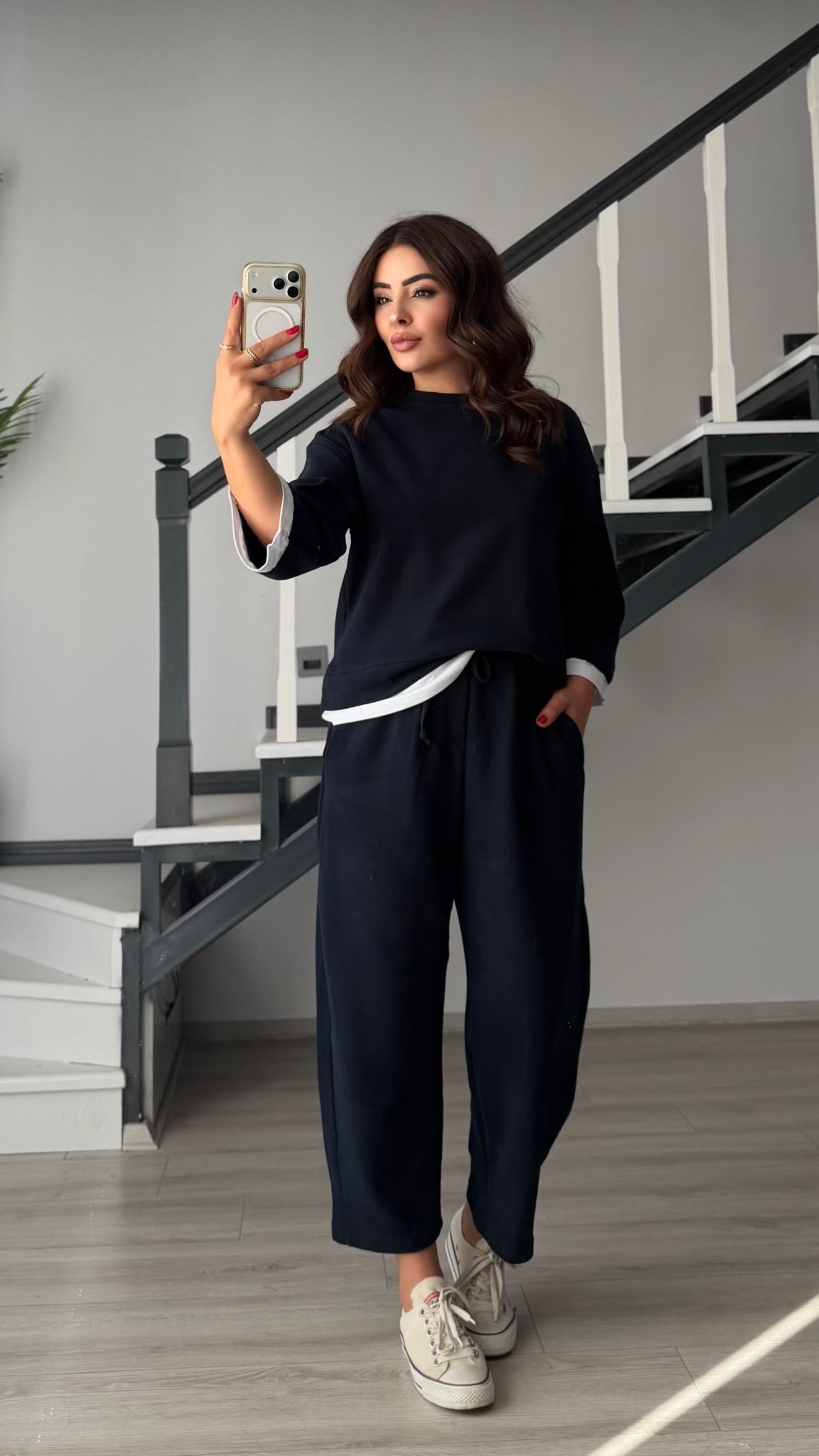 Navy Blue Contrast T-Shirt Detailed Knit Set