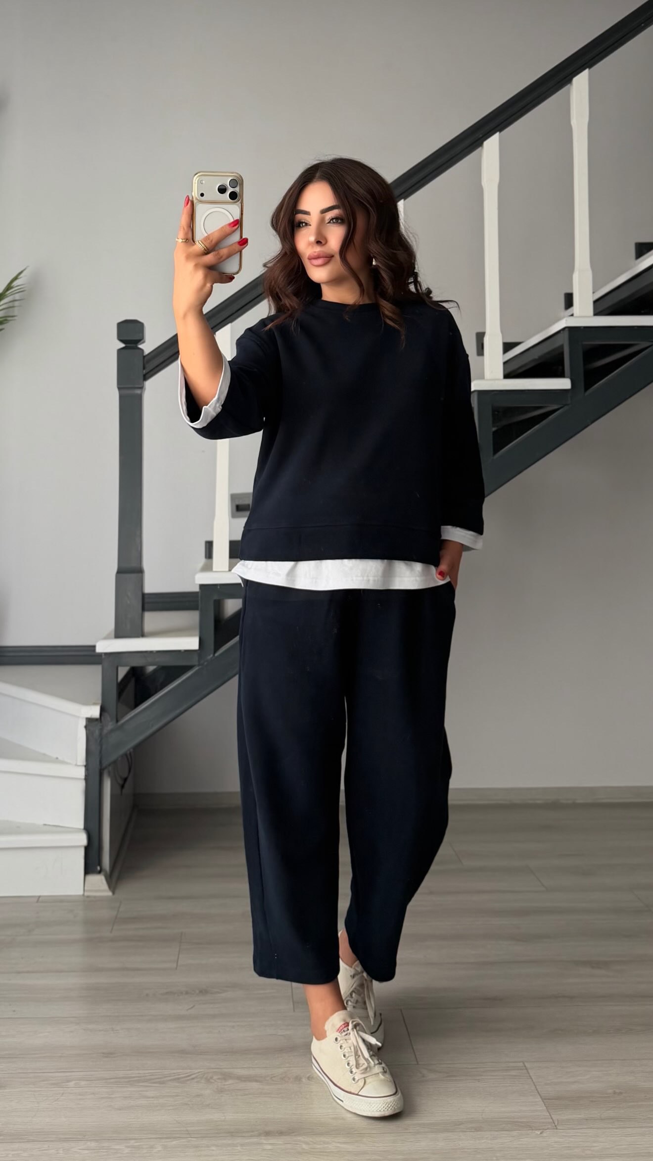 Navy Blue Contrast T-Shirt Detailed Knit Set