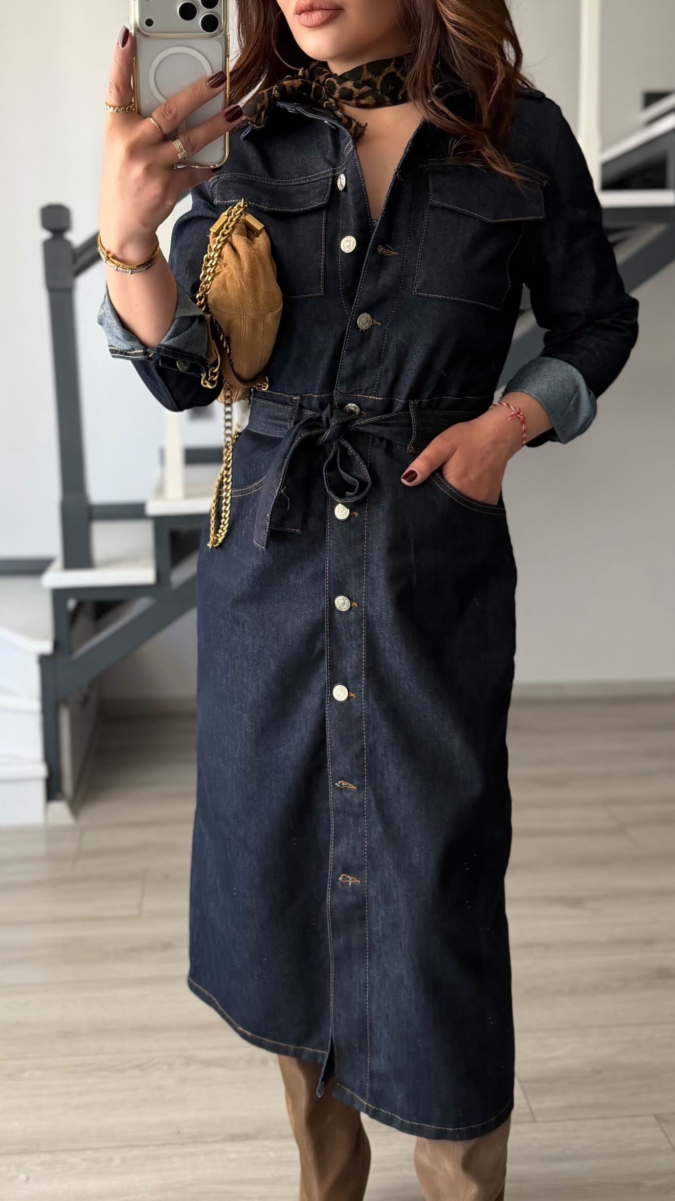 Lacivert Kuşaklı Midi Boy Denim Elbise