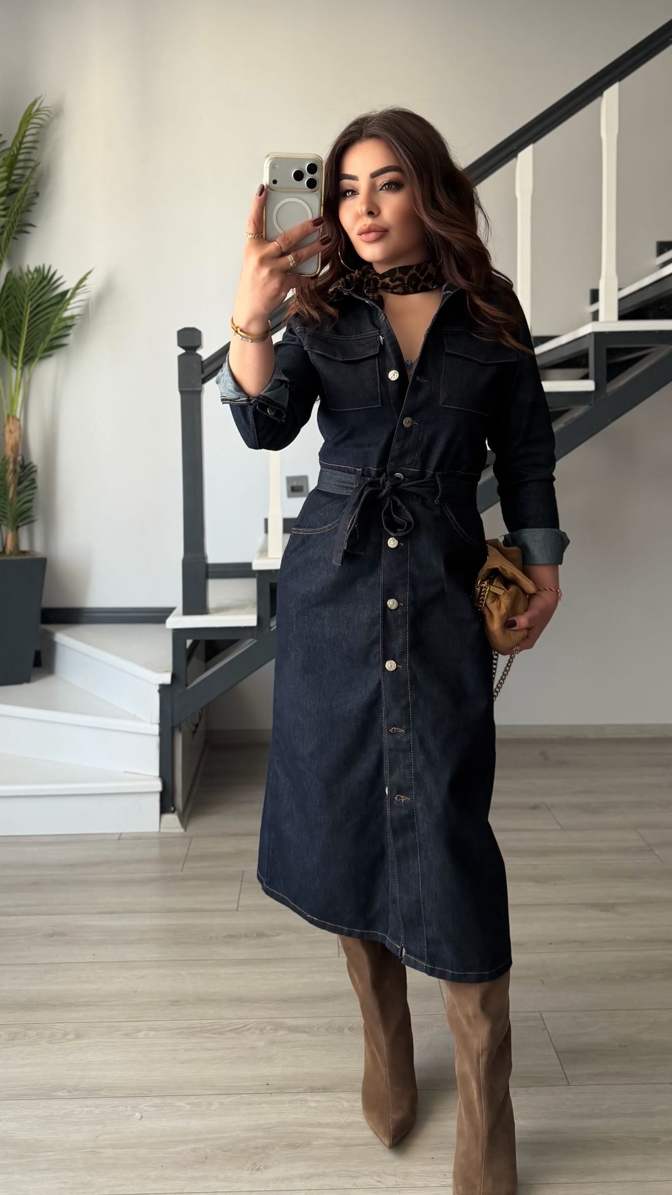Lacivert Kuşaklı Midi Boy Denim Elbise