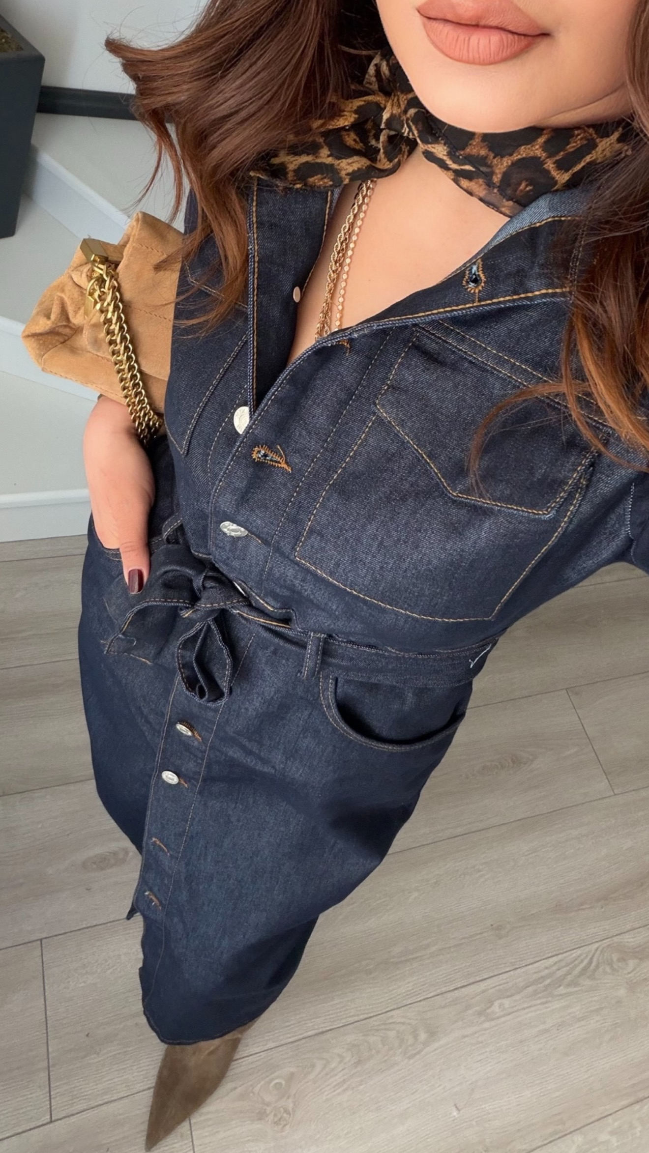 Lacivert Kuşaklı Midi Boy Denim Elbise