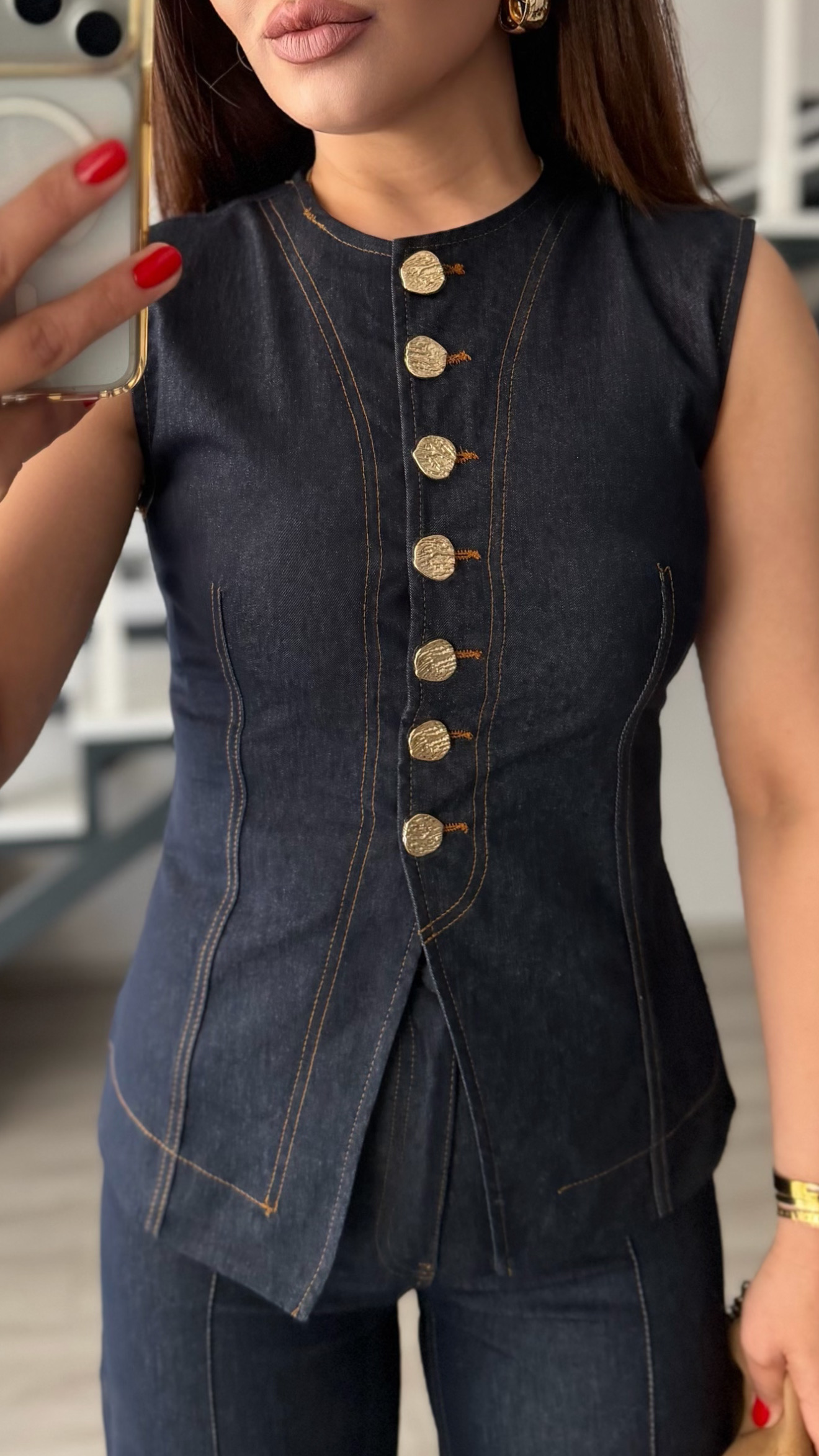 Navy Lycra Vest & Trousers Set with Gold Buttons