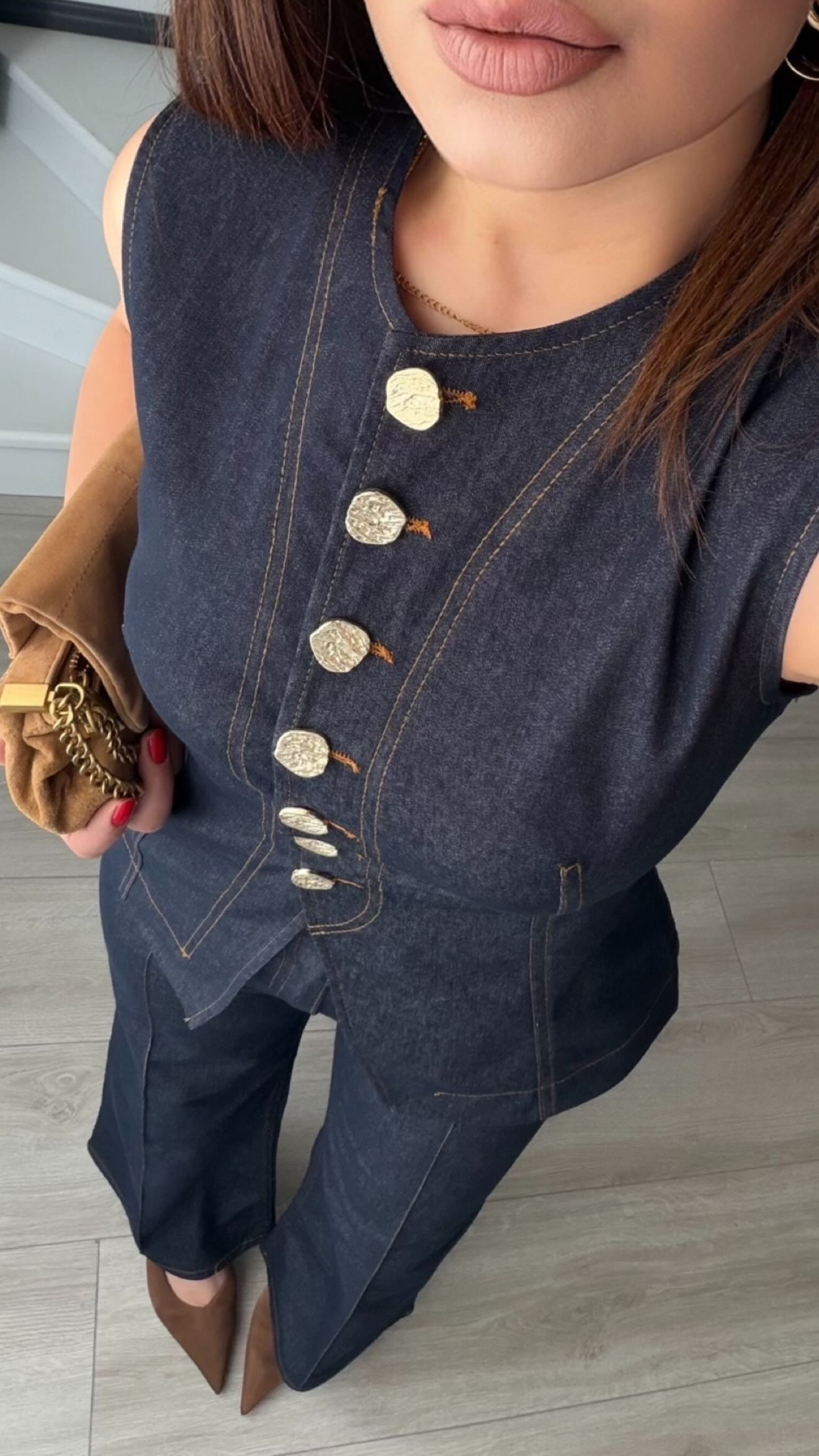 Navy Lycra Vest & Trousers Set with Gold Buttons