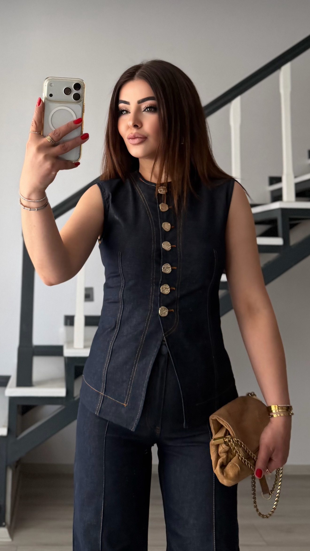 Navy Lycra Vest & Trousers Set with Gold Buttons