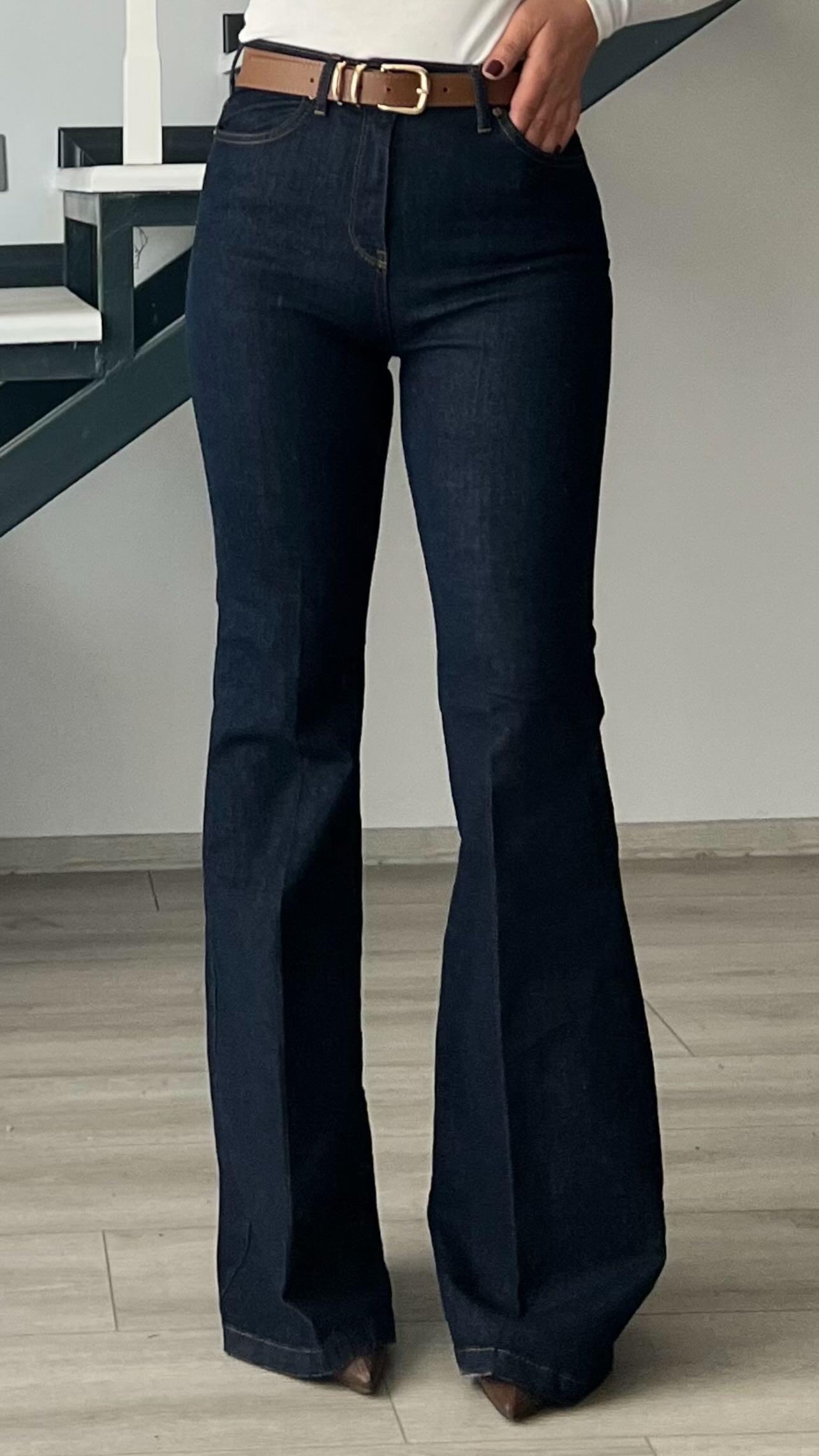 Lacivert Likralı İspanyol Paça Jean