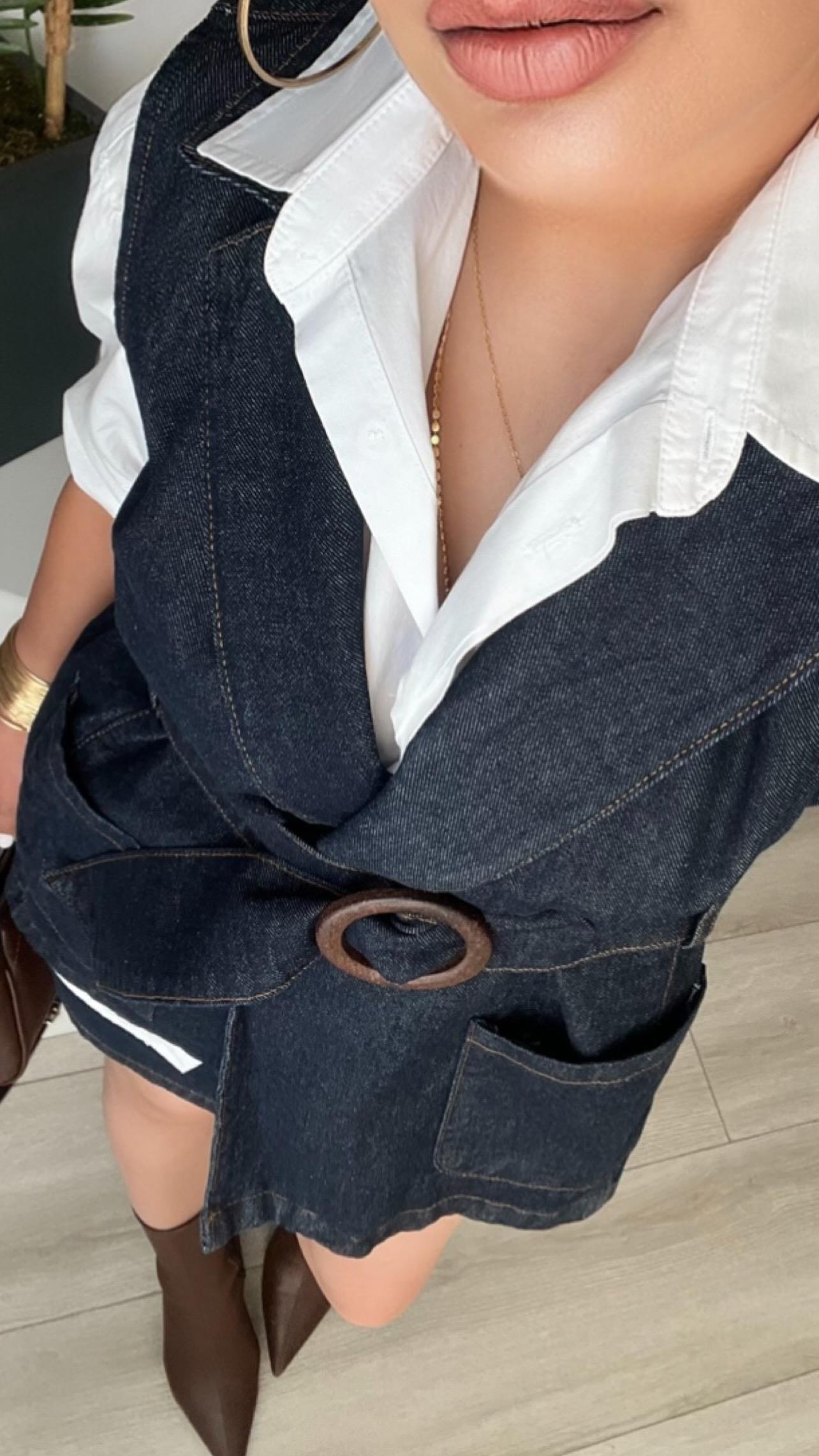 Navy Blue Brand Model Denim Vest with Belt