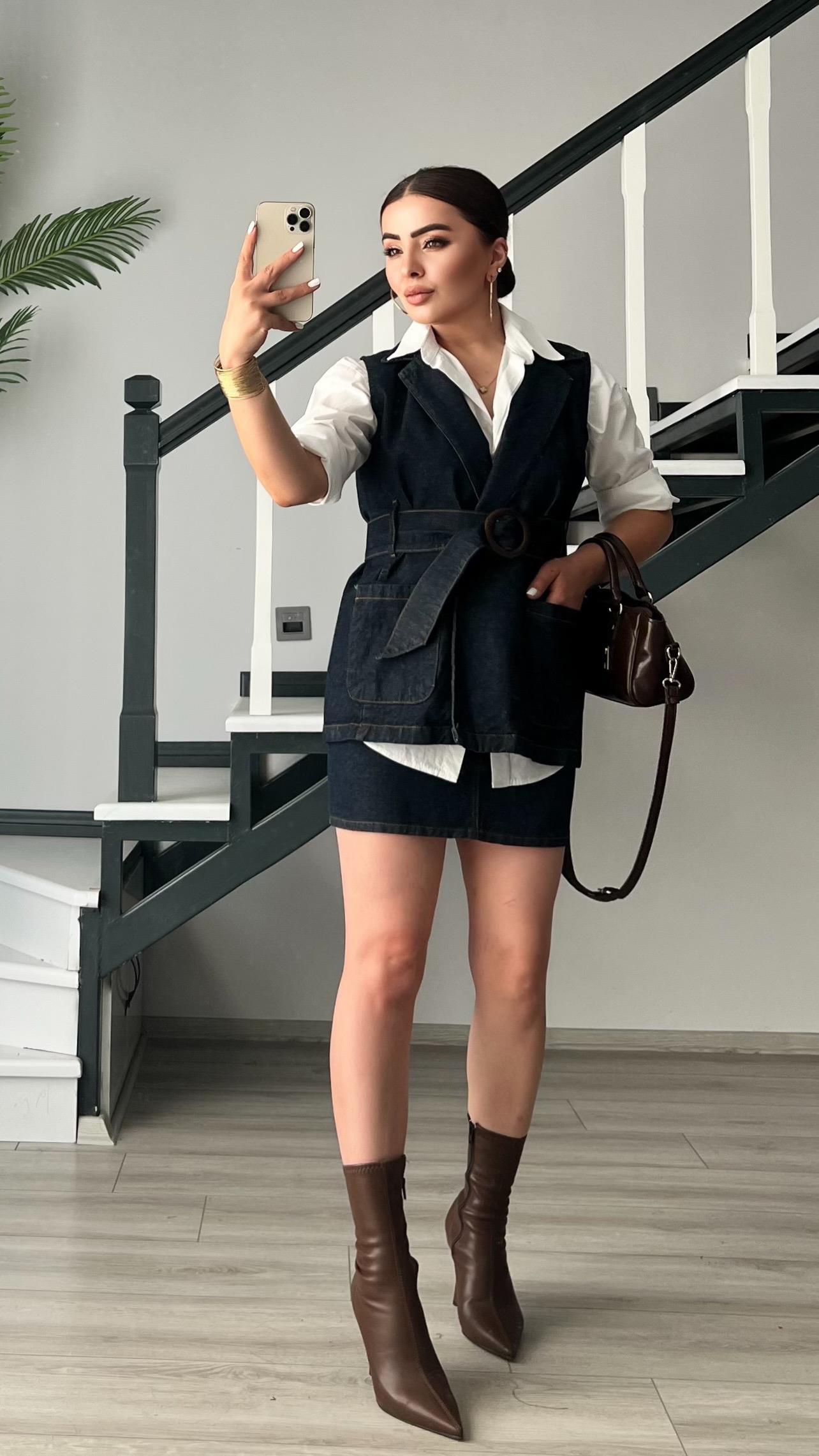Navy Blue Brand Model Denim Vest with Belt
