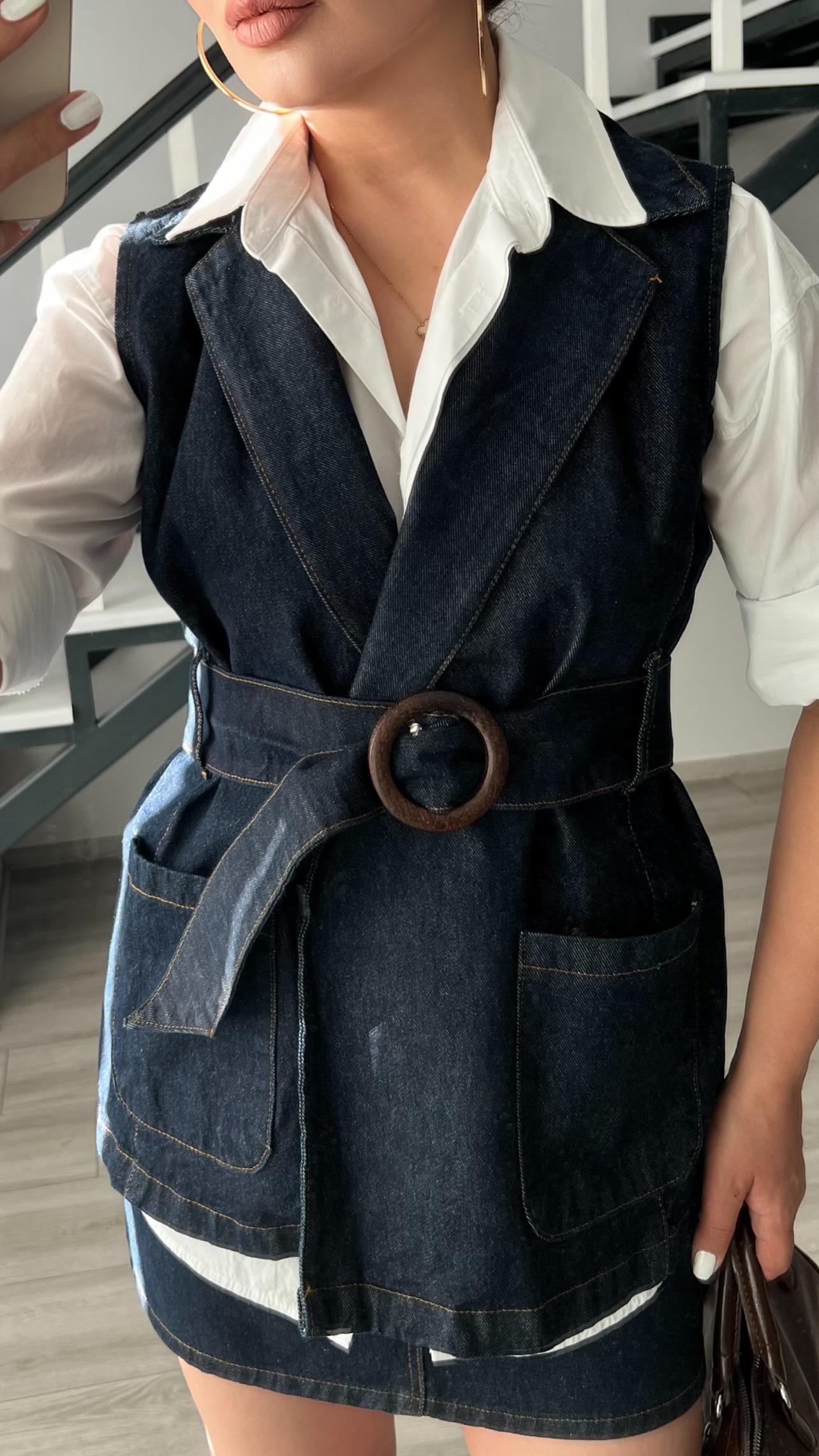 Navy Blue Brand Model Denim Vest with Belt