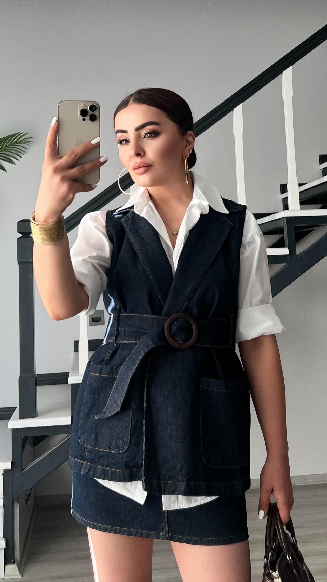 Navy Blue Brand Model Denim Vest with Belt
