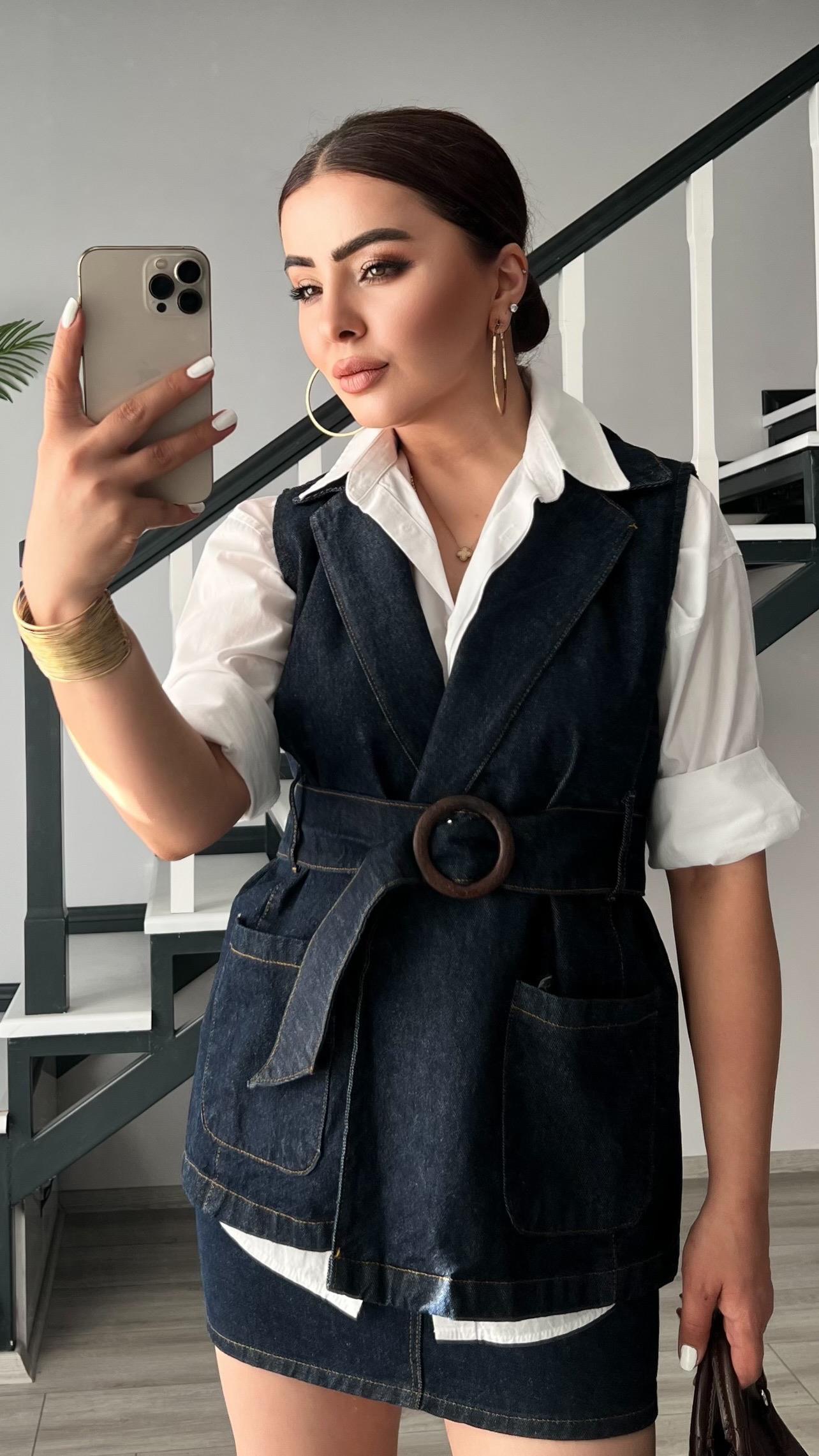 Navy Blue Brand Model Denim Vest with Belt