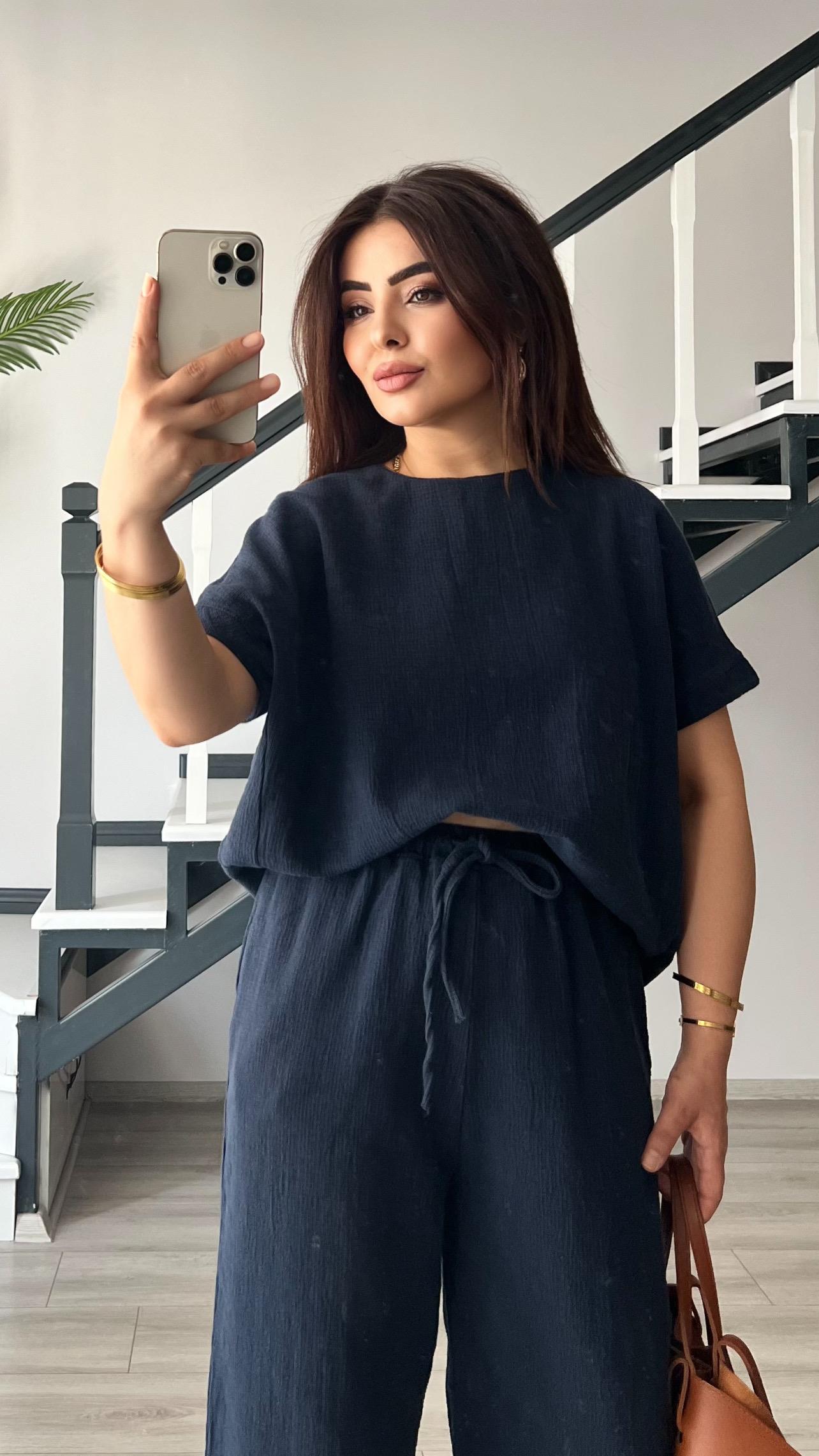 Lacivert Organik Keten Bluz Pantolon Takım