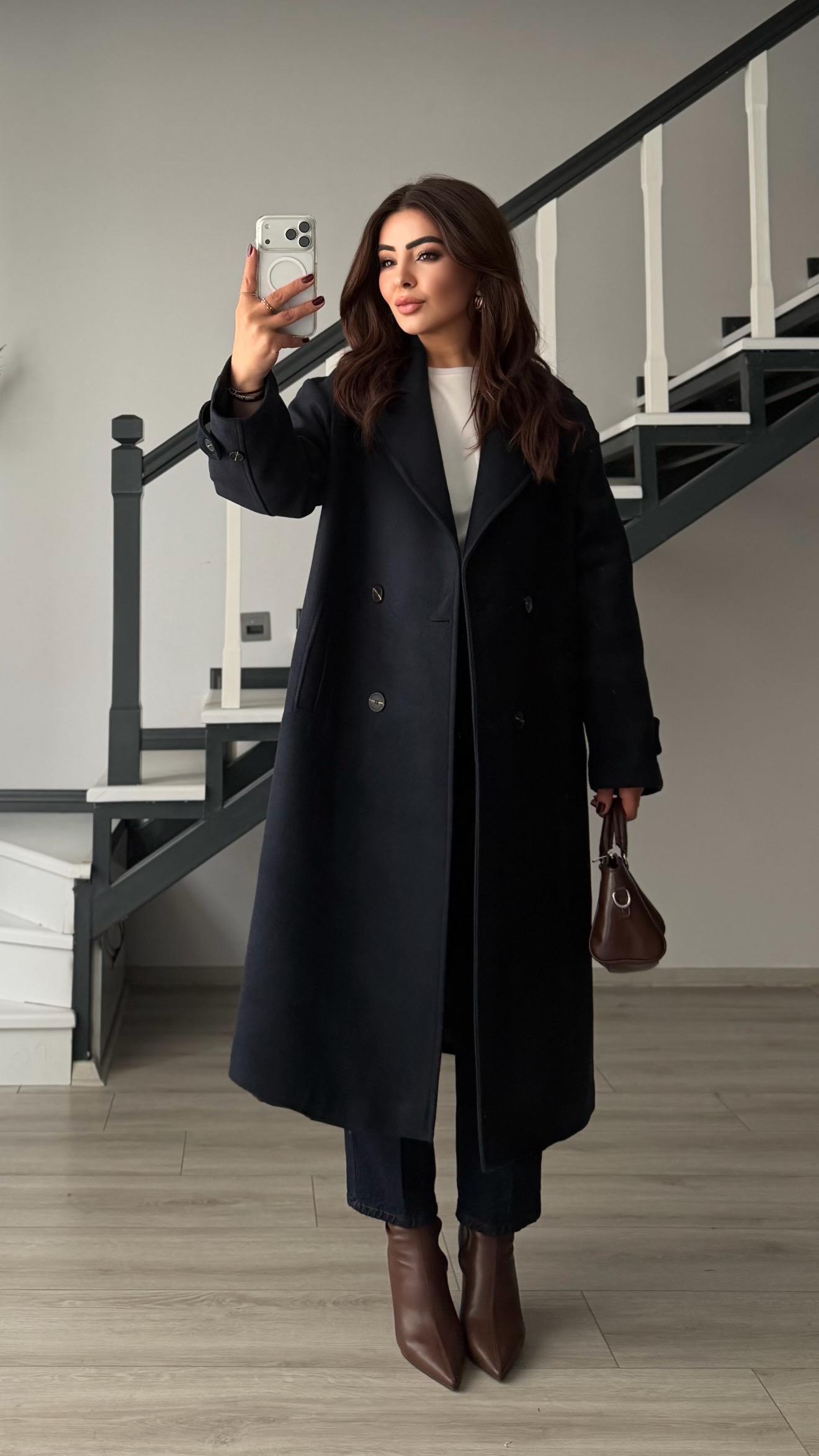 Lacivert Oversize Kaşe Kaban