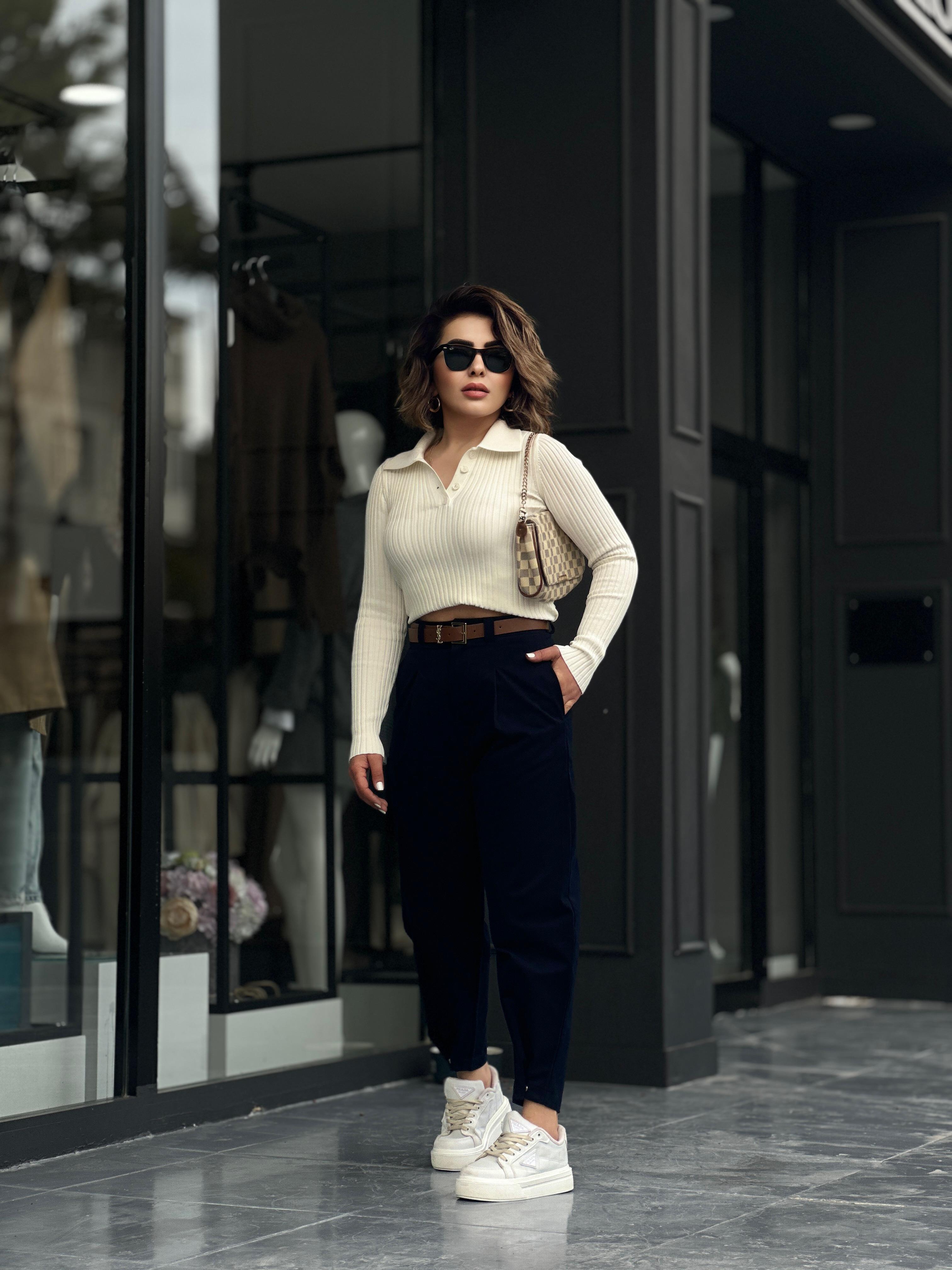 Lacivert Paça Çıtçıtlı Slouchy Pantolon