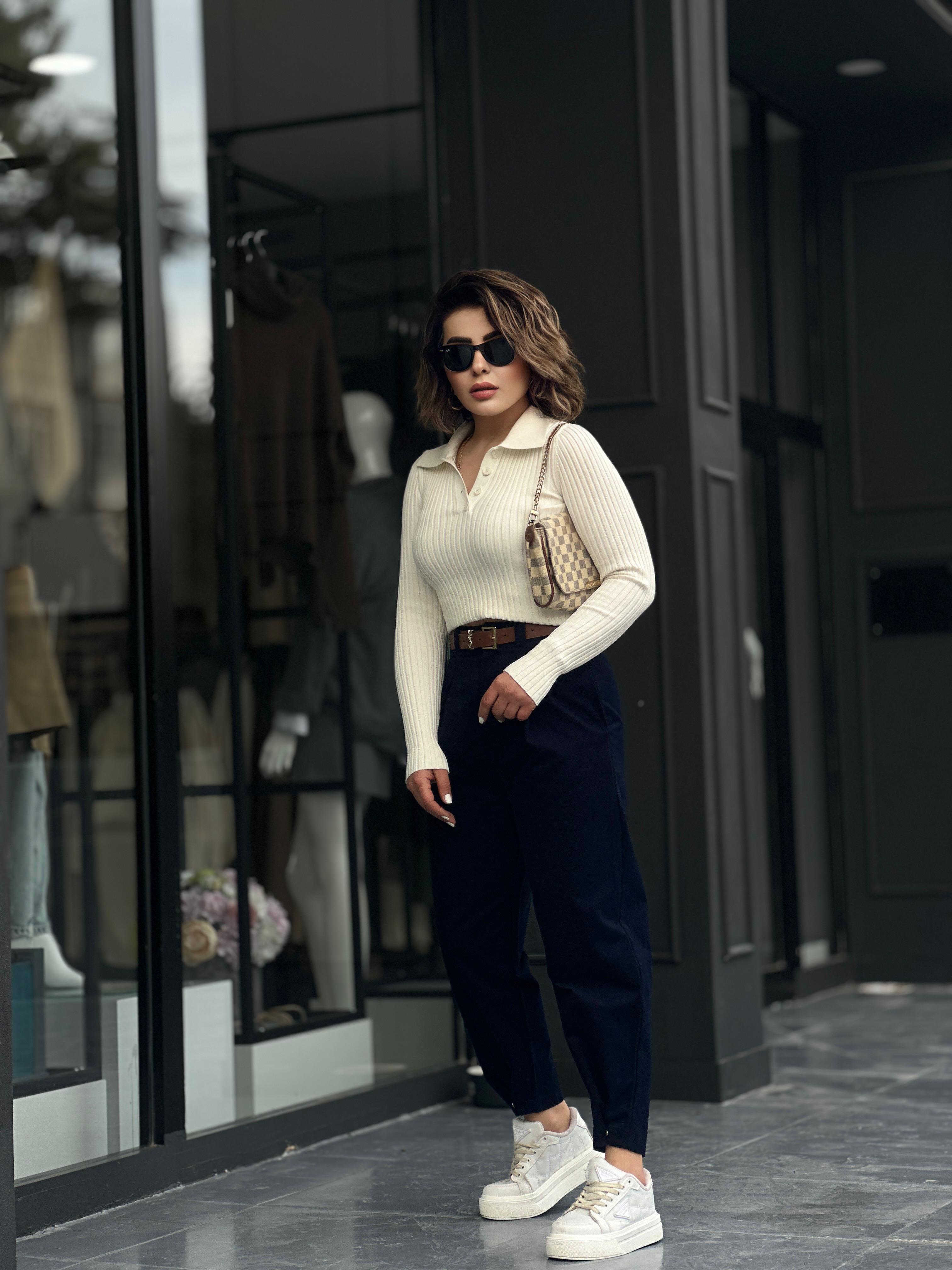 Lacivert Paça Çıtçıtlı Slouchy Pantolon