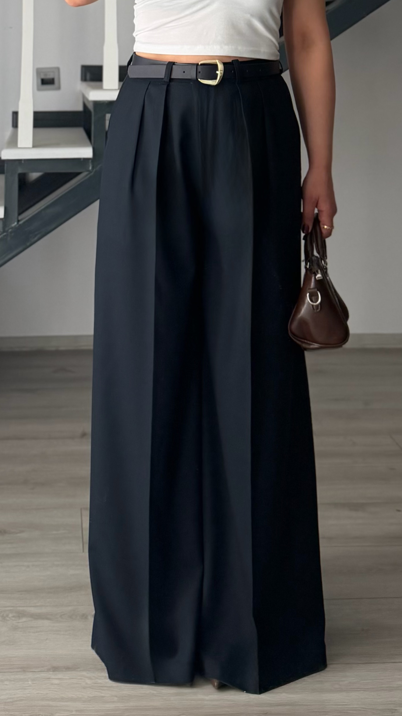 Navy Blue Pleated Wide Leg Belted Palazzo Trousers