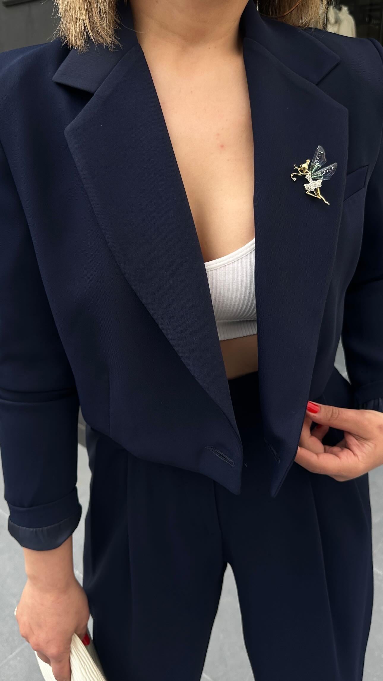Lacivert Premium Astarlı Düğmeli Crop Ceket 