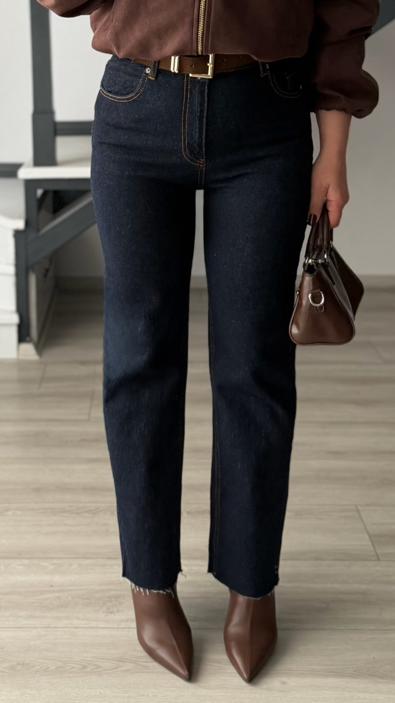 Navy Blue Suede Belted Lycra Straight Jean