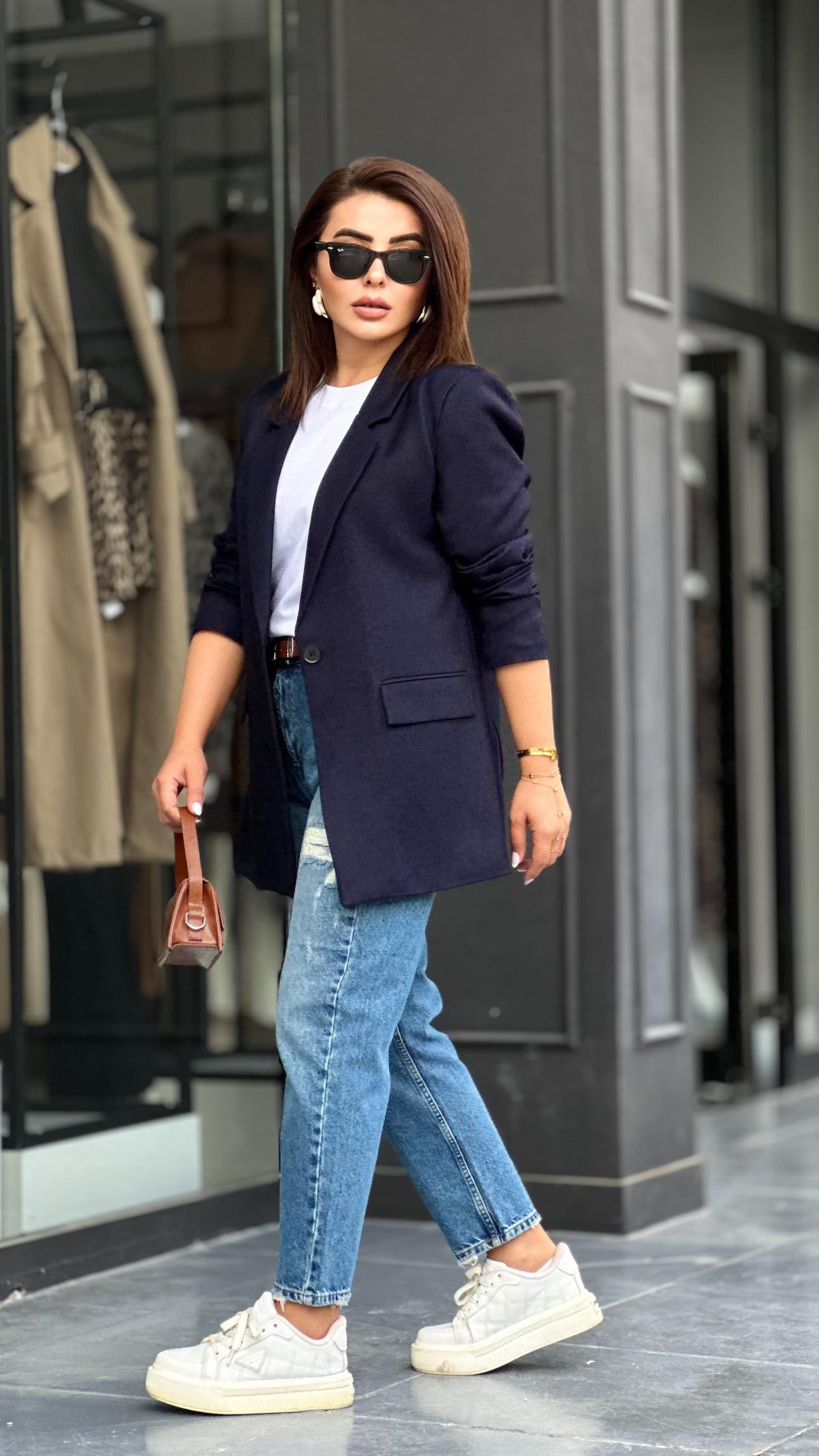 Navy Blue Single Button Wool Effect Blazer Jacket